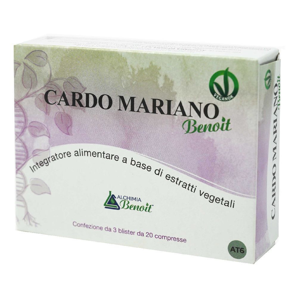 Scatola "Cardo Mariano Benoit". Contiene 3 blister da 20 compresse. Marchio vegano.