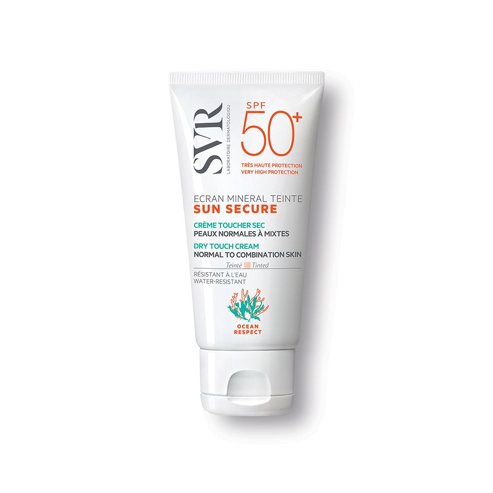 Tubo bianco SVR Sun Secure SPF 50+. Crema secca per pelli normali e miste. Resistente all'acqua.
