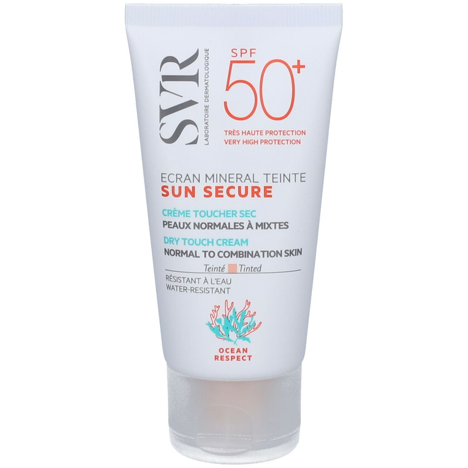 Tubo bianco SVR Sun Secure SPF 50+. Crema secca per pelli normali e miste. Resistente all'acqua.