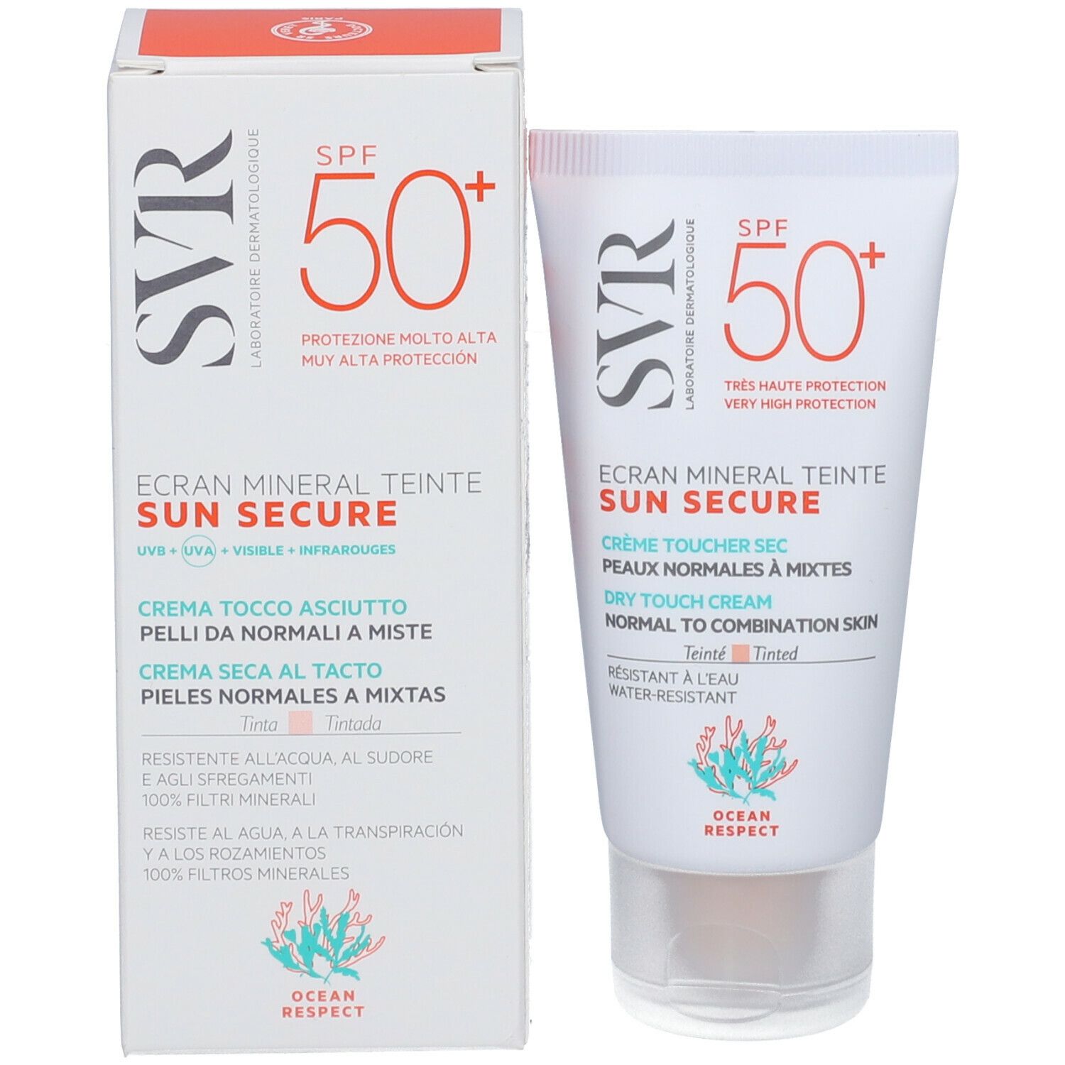 Prodotto e confezione. Tubo bianco e scatola con logo SVR e SPF 50+. Testo: Ecran Mineral Teinté Sun Secure.