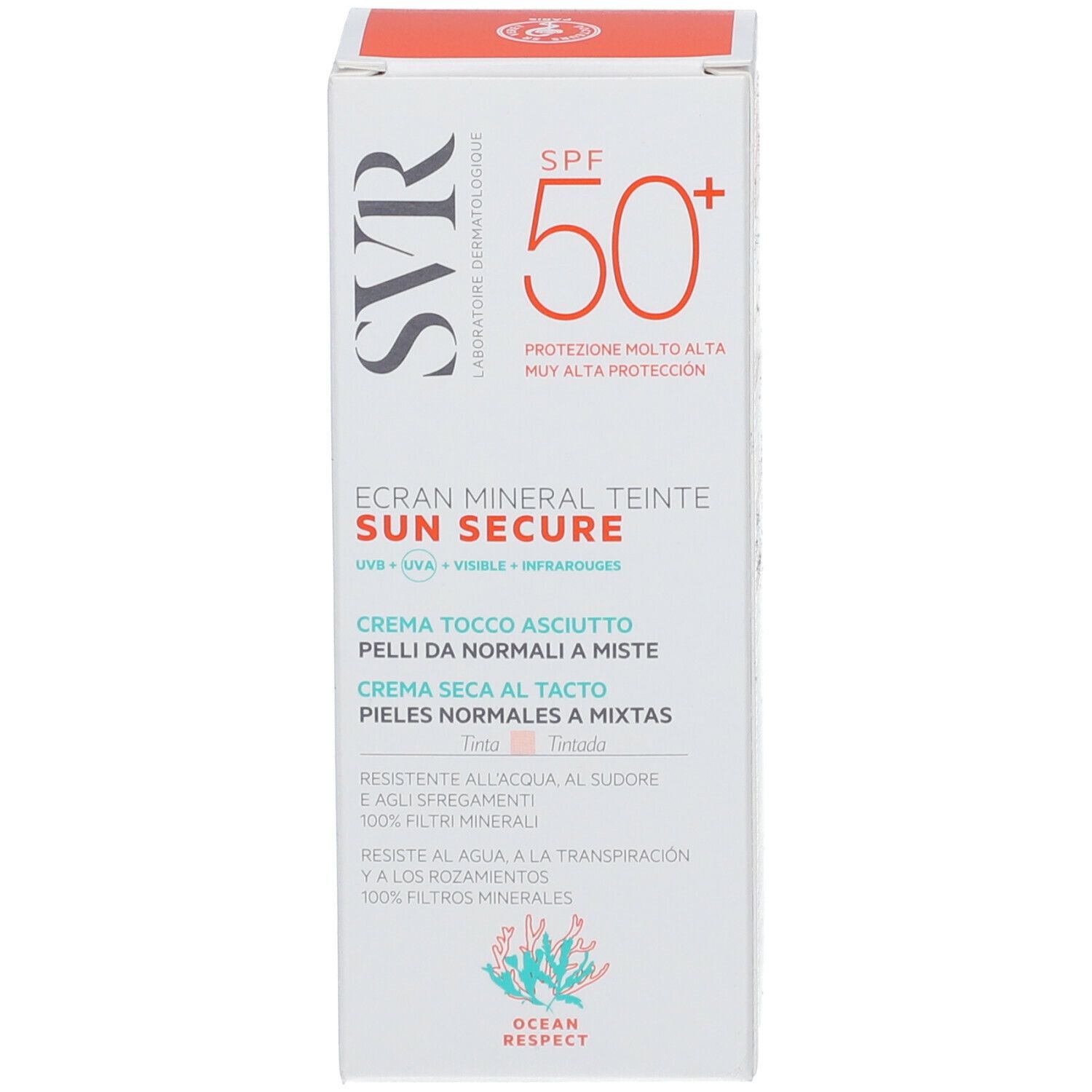 Scatola con logo SVR e SPF 50+. Testo: Ecran Mineral Teinté Sun Secure. Crema per pelli normali e miste. Tinted.