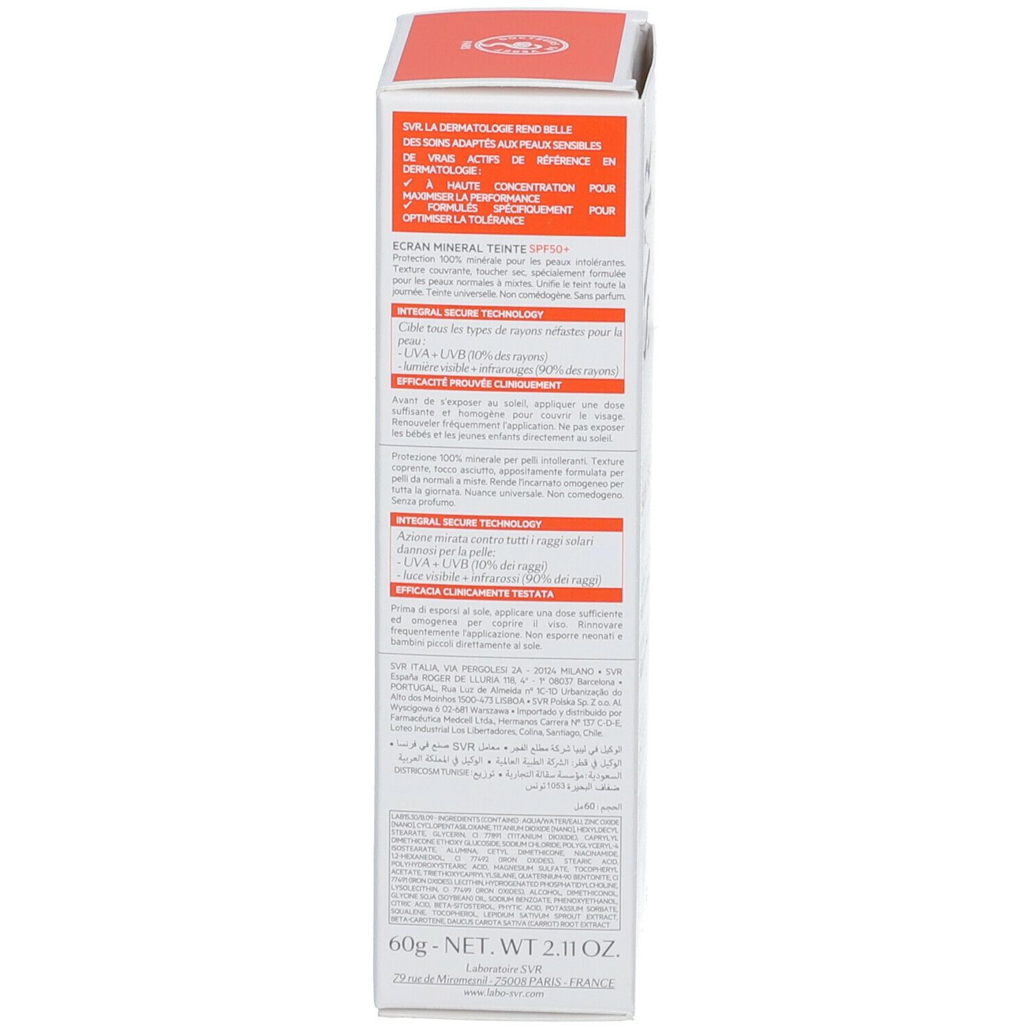 Scatola con logo SVR e SPF 50+. Testo: Ecran Mineral Teinté Sun Secure. Informazioni sugli ingredienti e l'uso.