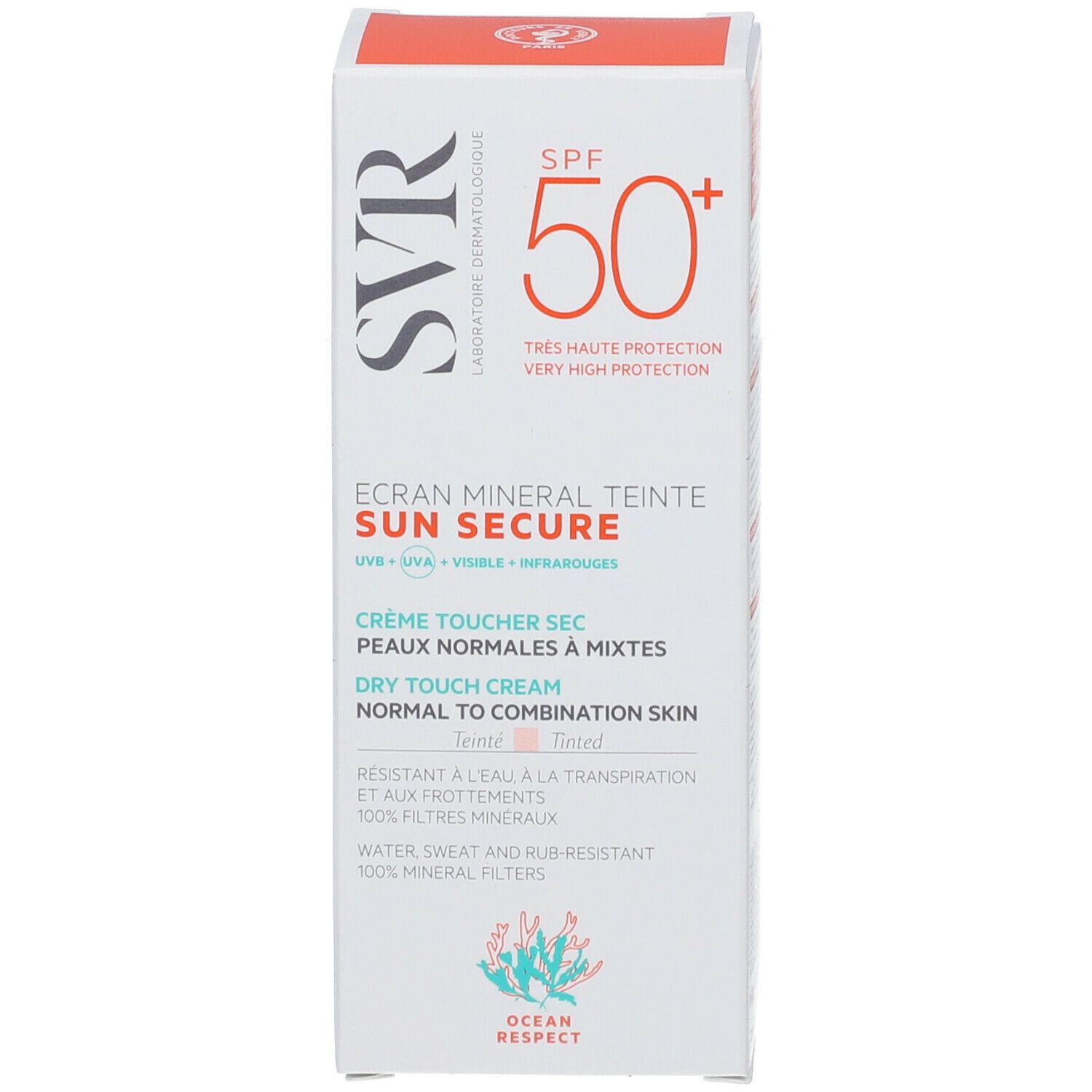 Scatola con logo SVR e SPF 50+. Testo: Ecran Mineral Teinté Sun Secure. Crema per pelli normali e miste. Tinted.