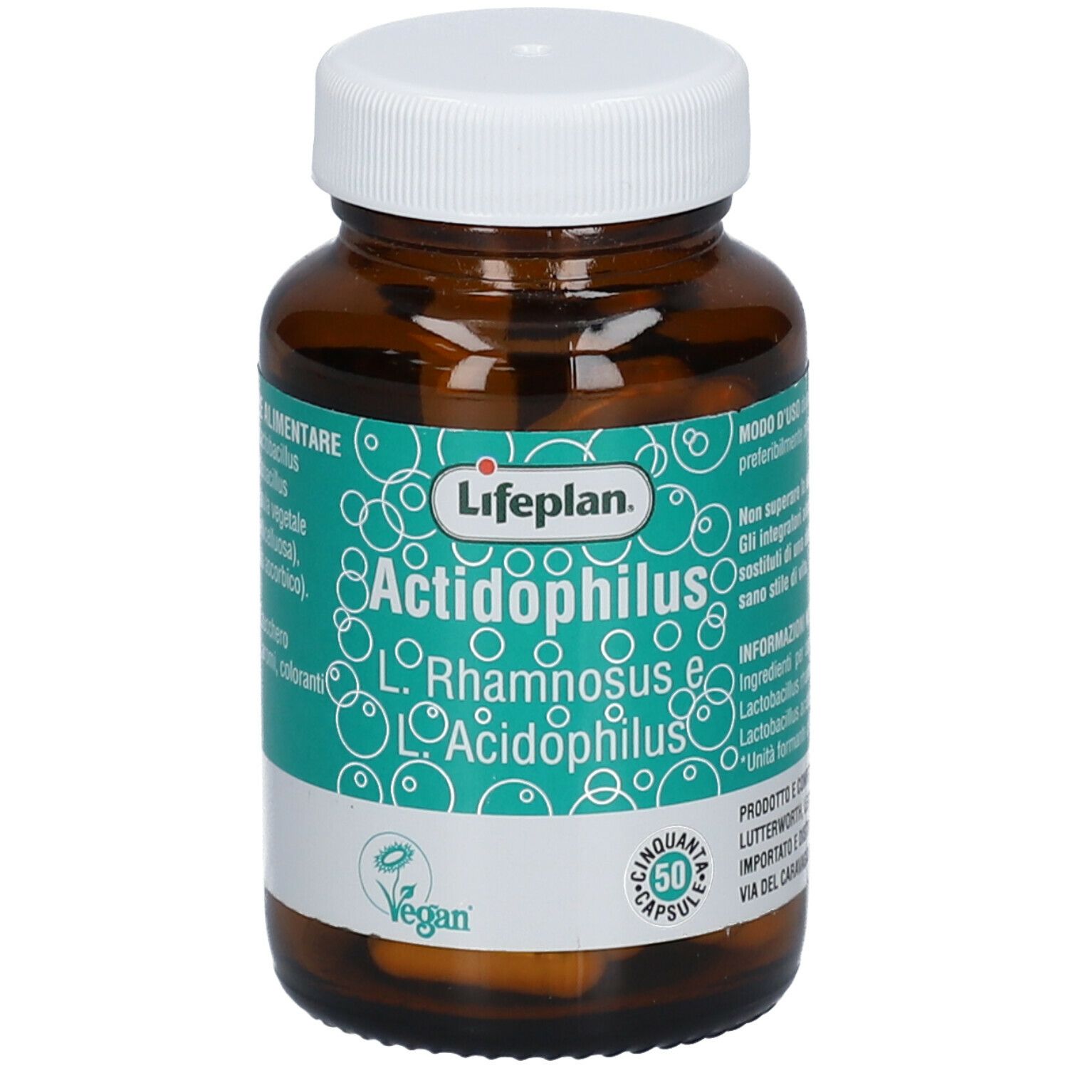 Flacone di vetro marrone con tappo bianco. Scritta: Lifeplan Actidophilus L. Rhamnosus e Acidophilus. Sigillo vegano. 50 capsule.