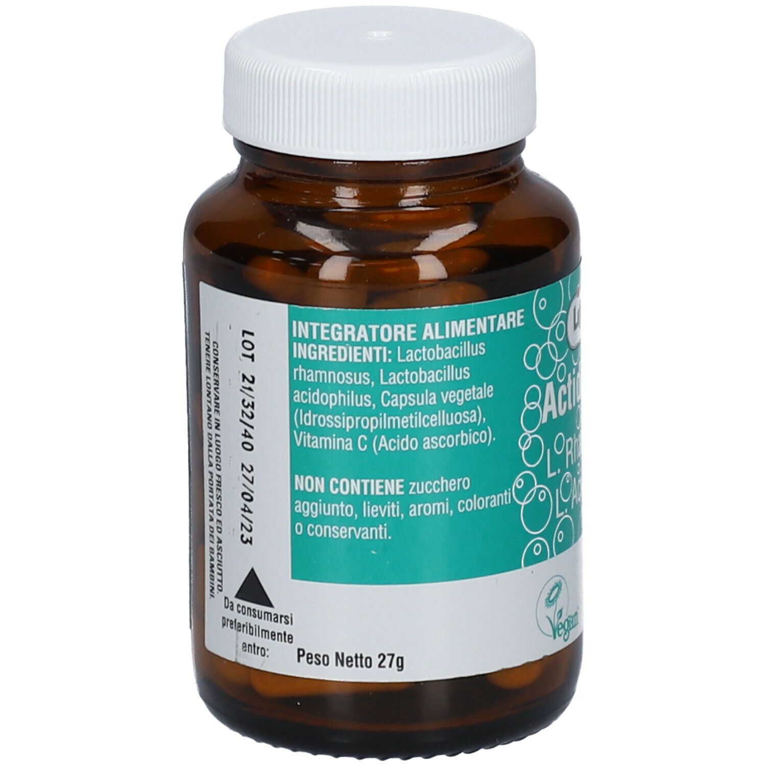 Retro del flacone. Elenco ingredienti: Lactobacillus rhamnosus, Lactobacillus acidophilus, capsula, vitamina C. Scadenza: 27/04/23.