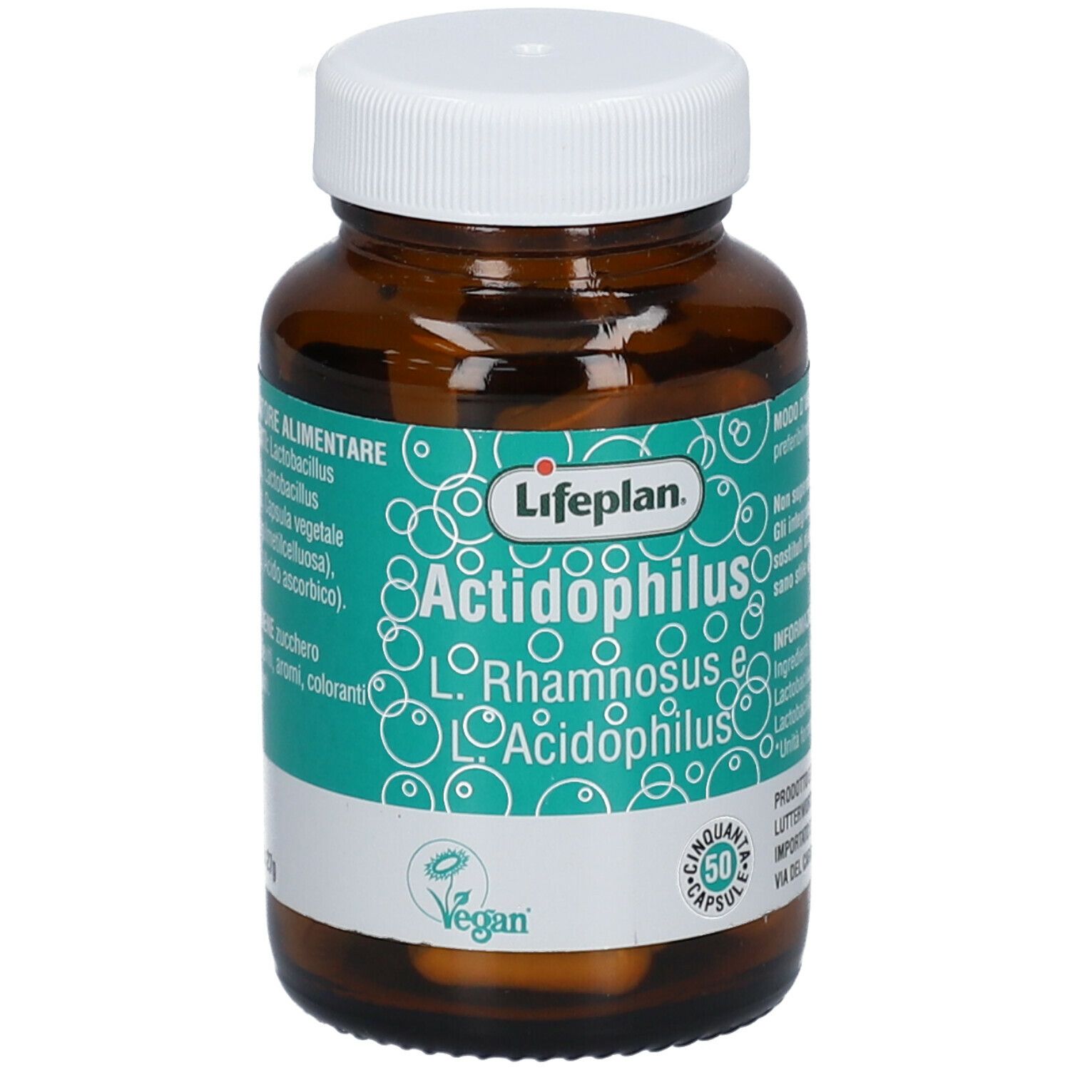 Flacone di vetro marrone con tappo bianco. Scritta: Lifeplan Actidophilus L. Rhamnosus e Acidophilus. Sigillo vegano. 50 capsule.