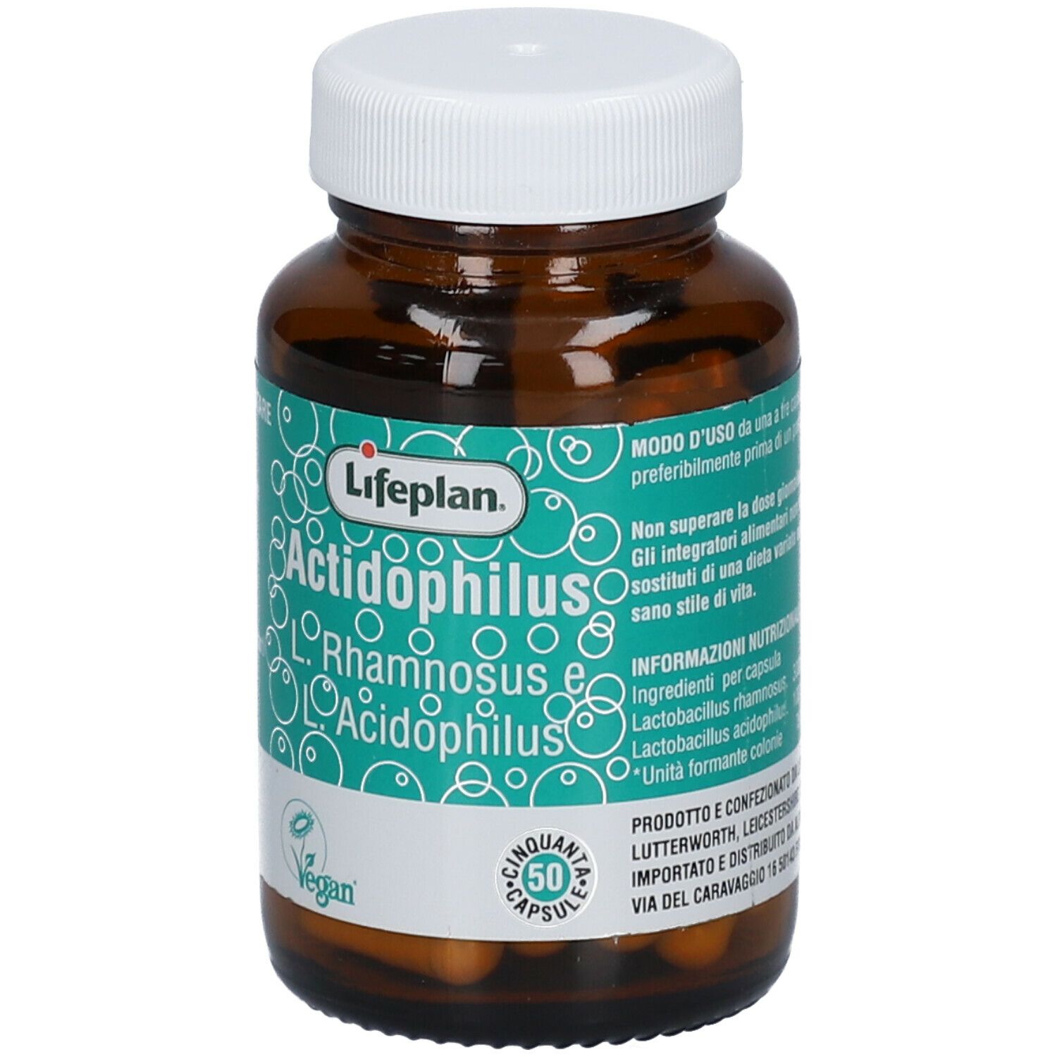 Flacone di vetro marrone con tappo bianco. Scritta: Lifeplan Actidophilus L. Rhamnosus e Acidophilus. Sigillo vegano. 50 capsule. Modo d'uso.