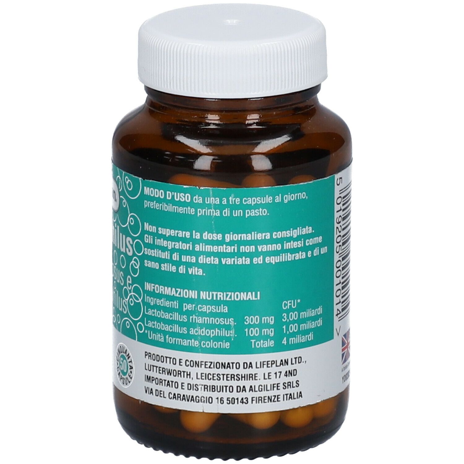 Retro del flacone. Modo d'uso. Informazioni nutrizionali. Informazioni produttore. Contiene capsule. Scadenza: 27/04/23.