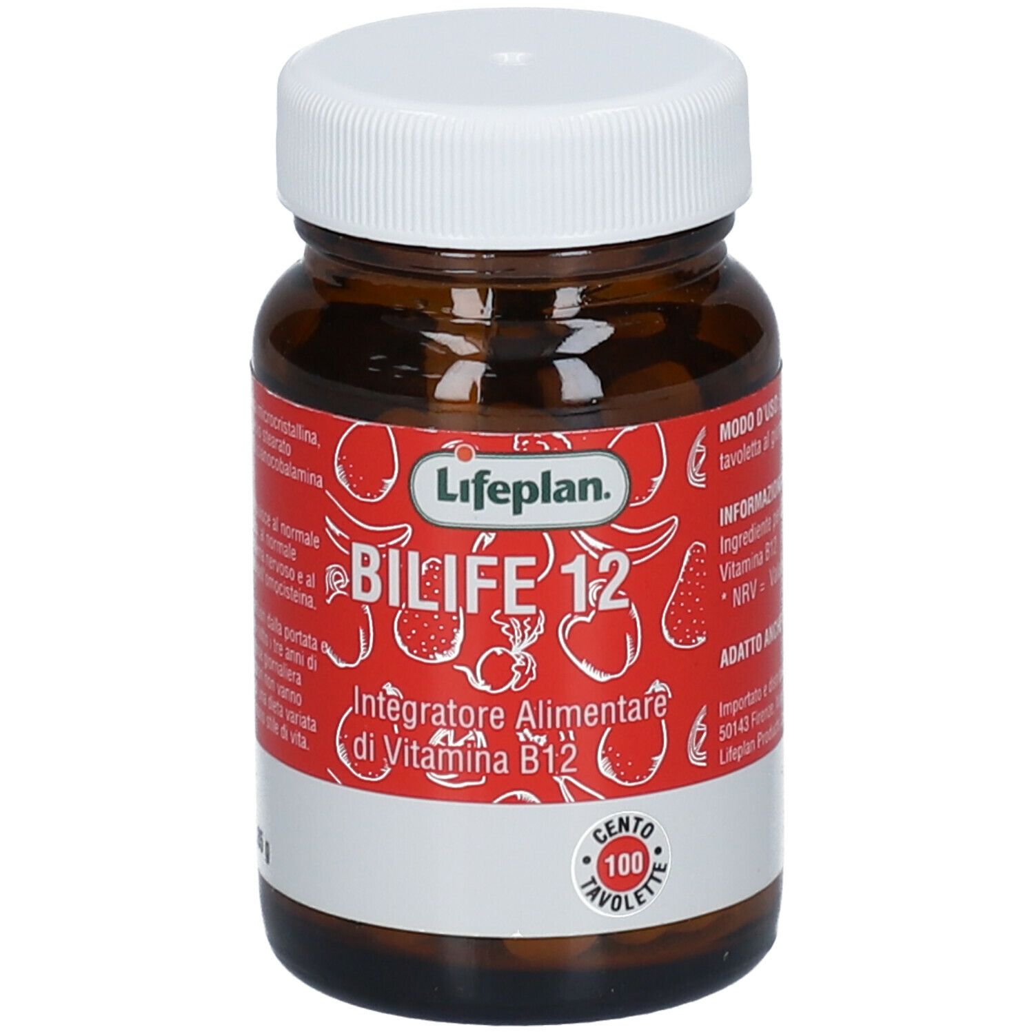 Flacone di vetro marrone, tappo bianco. Etichetta rossa: Lifeplan Bilife 12, 100 compresse. Con vitamina B12.