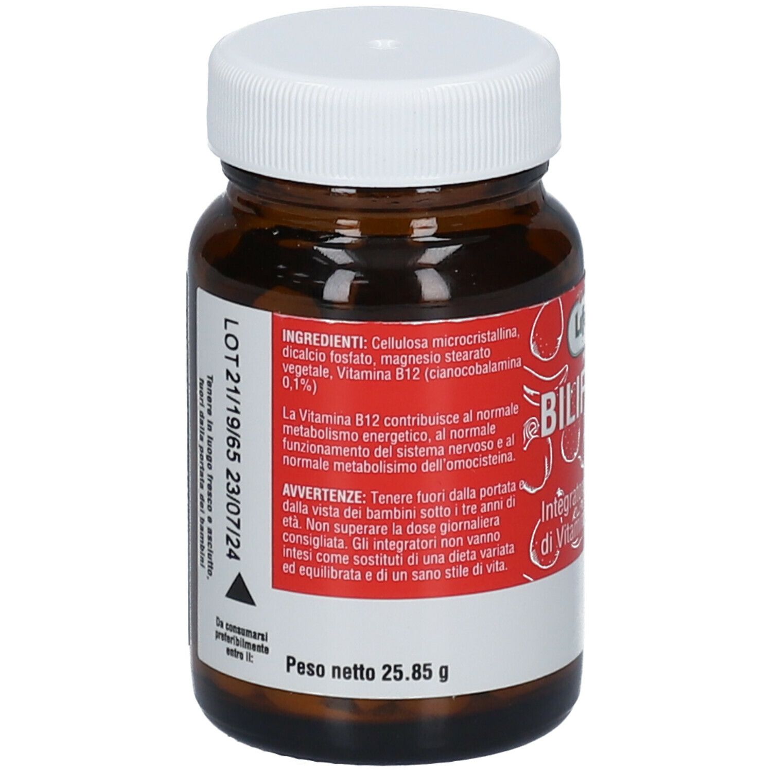 Retro del flacone di vetro marrone. Etichetta rossa con ingredienti, scadenza e peso netto 25,85 g.