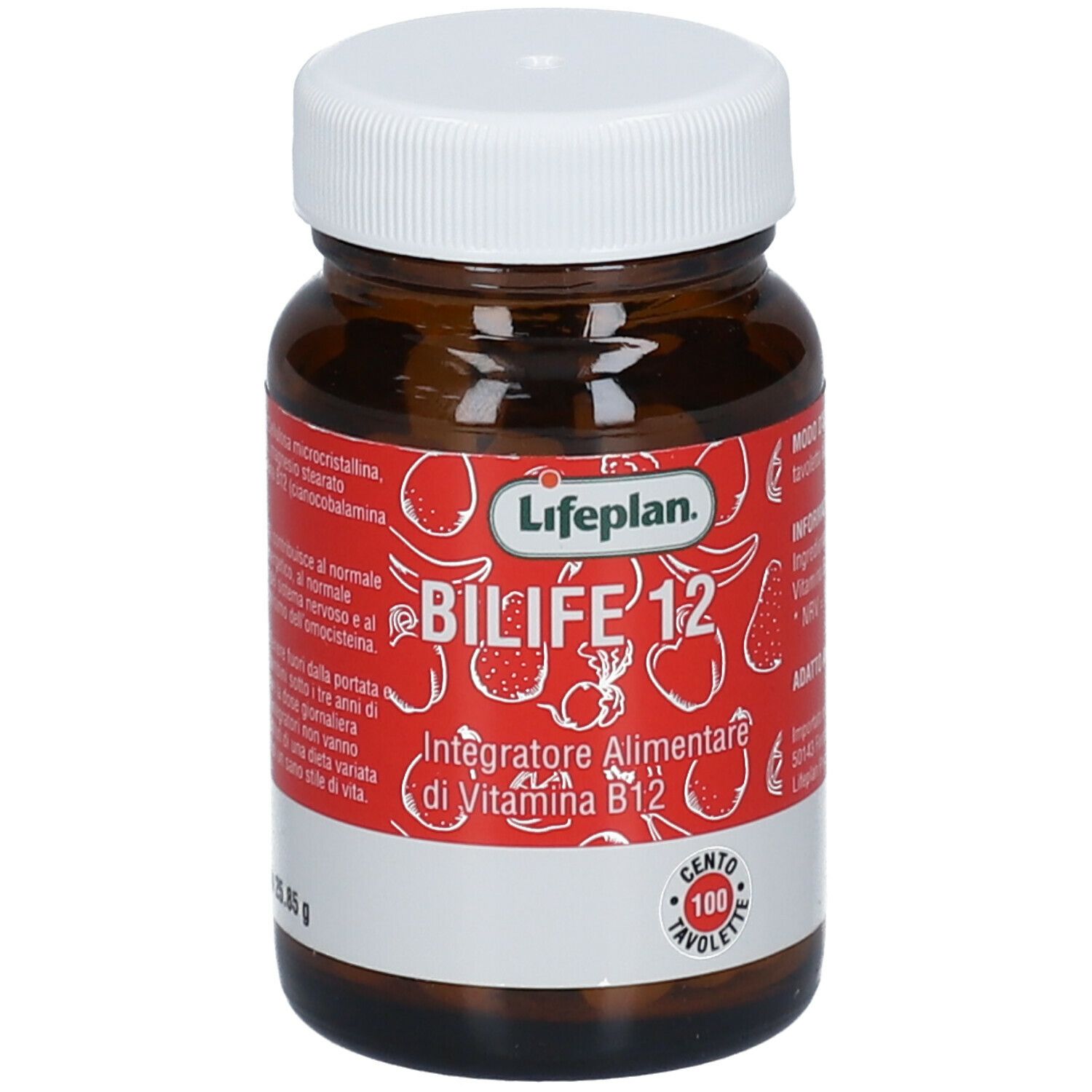 Flacone di vetro marrone, tappo bianco. Etichetta rossa: Lifeplan Bilife 12, 100 compresse. Con vitamina B12.