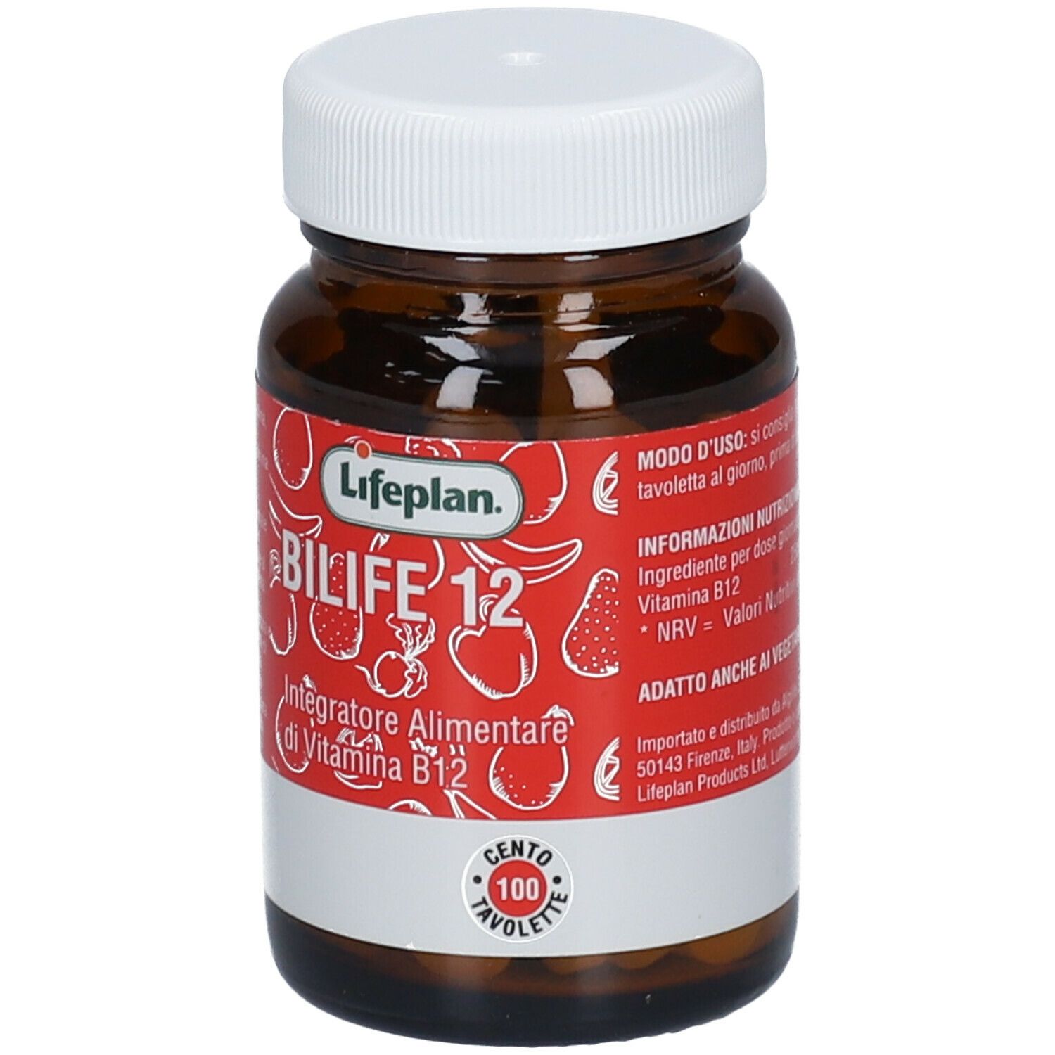 Flacone di vetro marrone, tappo bianco. Etichetta rossa: Lifeplan Bilife 12, 100 compresse. Con vitamina B12.