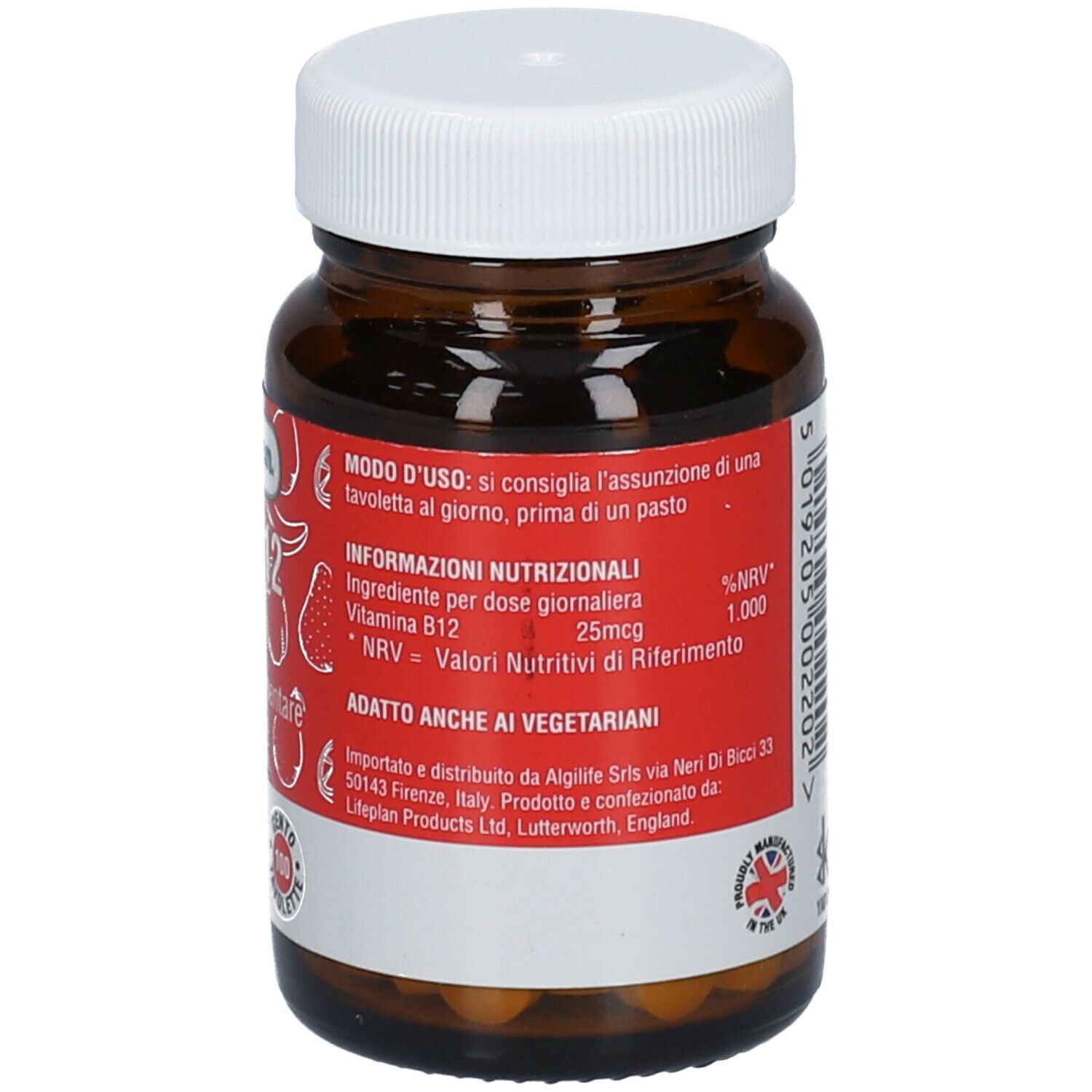 Retro del flacone di vetro marrone. Etichetta rossa con dosaggio, informazioni nutrizionali e produttore.