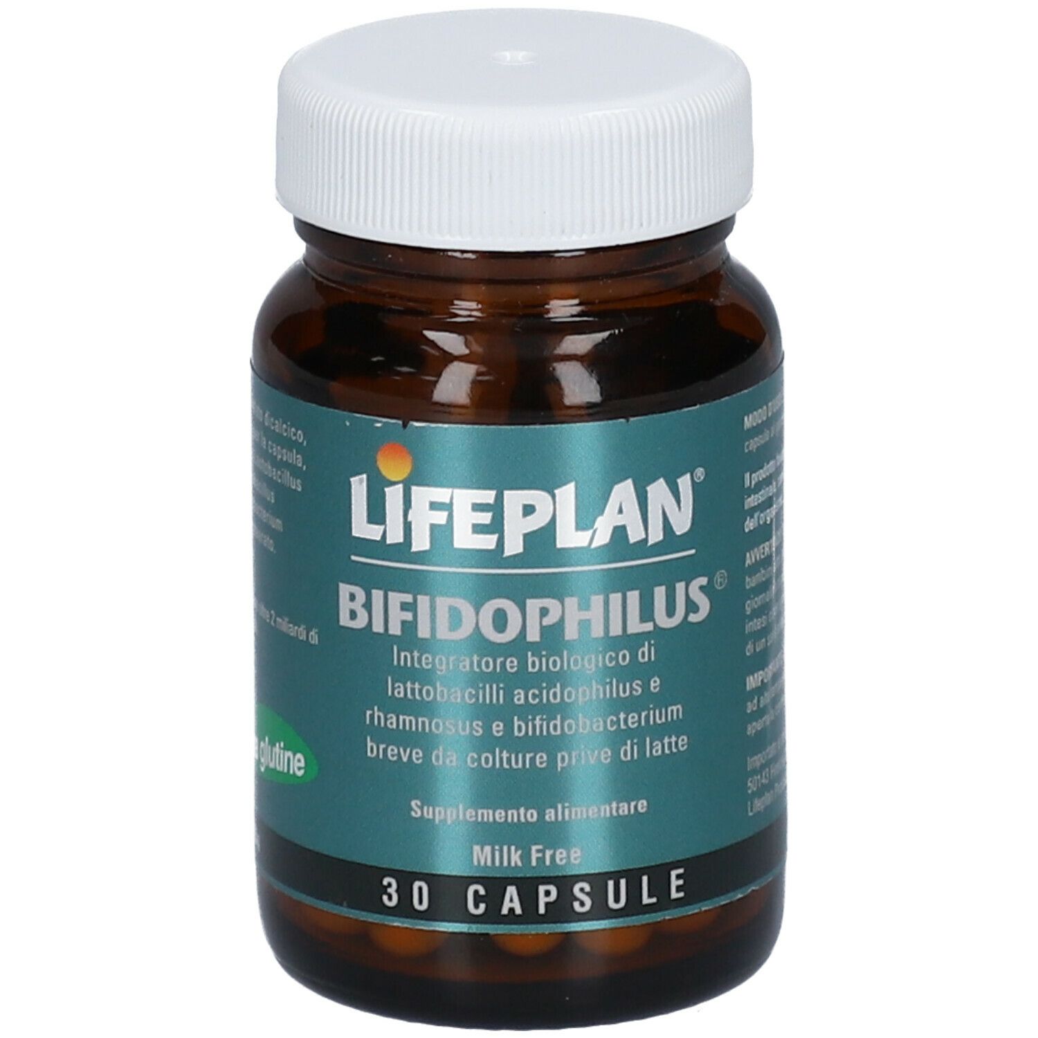Flacone di vetro marrone con tappo bianco. Scritta LIFEPLAN Bifidophilus, 30 capsule. Senza glutine.