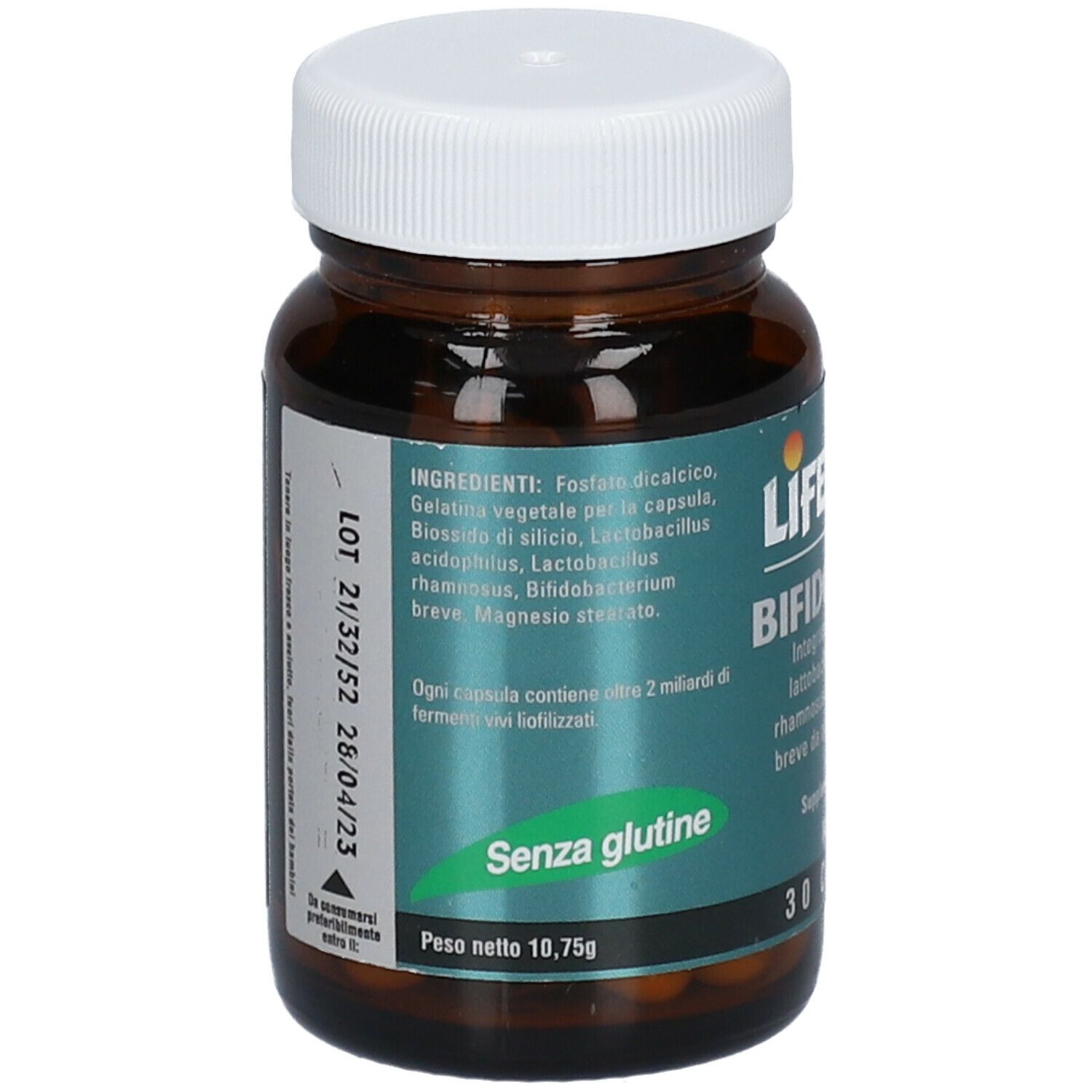 Flacone di vetro marrone con tappo bianco. Scritta LIFEPLAN Bifidophilus. Lista ingredienti e 'Senza glutine'.