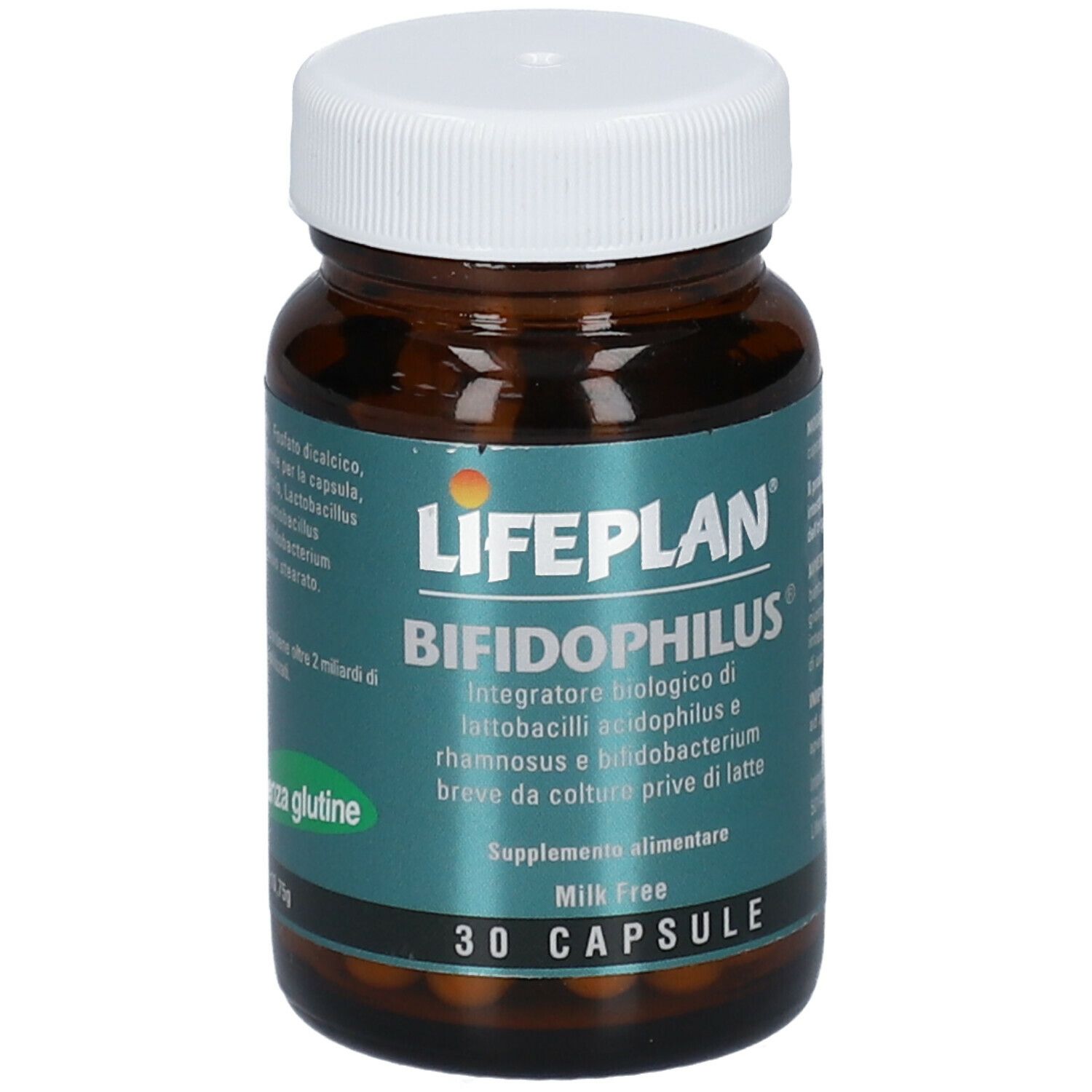 Flacone di vetro marrone con tappo bianco. Scritta LIFEPLAN Bifidophilus, 30 capsule. Senza glutine.