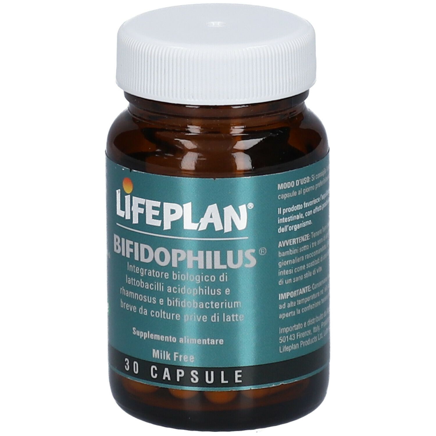 Flacone di vetro marrone con tappo bianco. Scritta LIFEPLAN Bifidophilus, 30 capsule. Testo e logo.