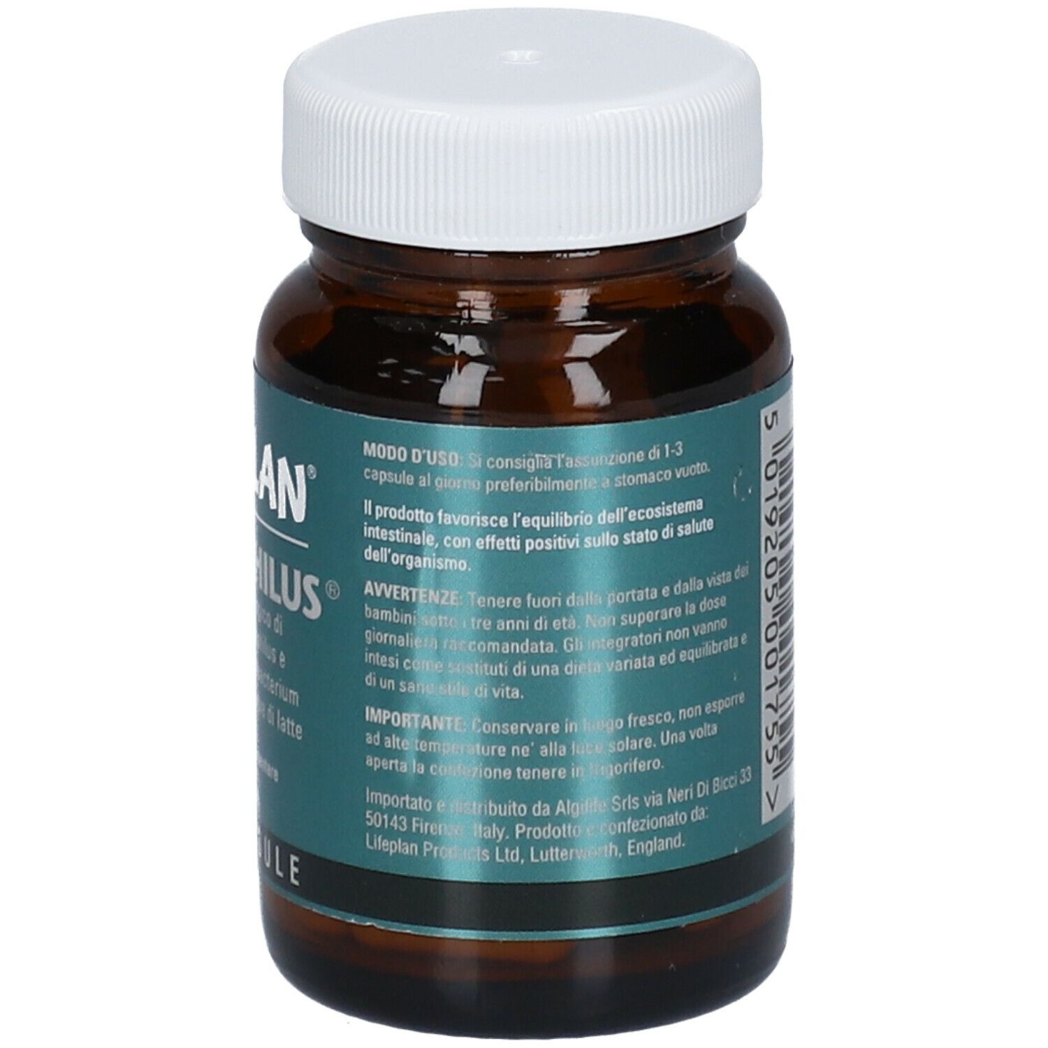 Flacone di vetro marrone con tappo bianco. Scritta LIFEPLAN Bifidophilus. Testo e codice a barre sul retro.