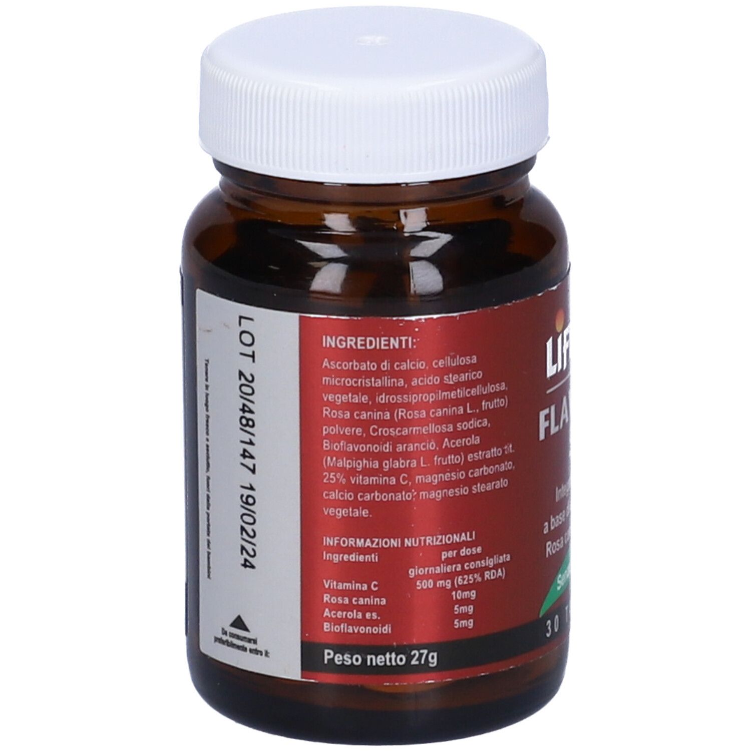 Flacone di vetro marrone. Retro con elenco ingredienti e informazioni nutrizionali. Contiene vitamina C, rosa canina, acerola e bioflavonoidi.
