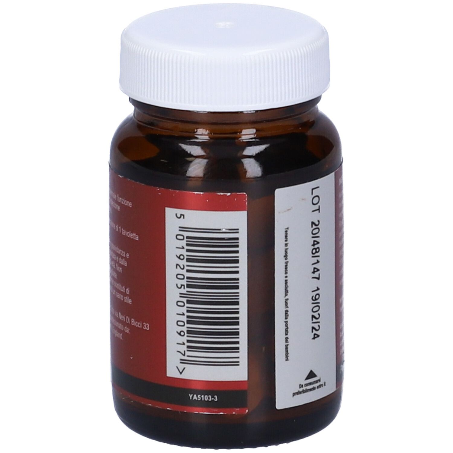 Flacone di vetro marrone con tappo bianco. Codice a barre e numero di lotto sul retro.