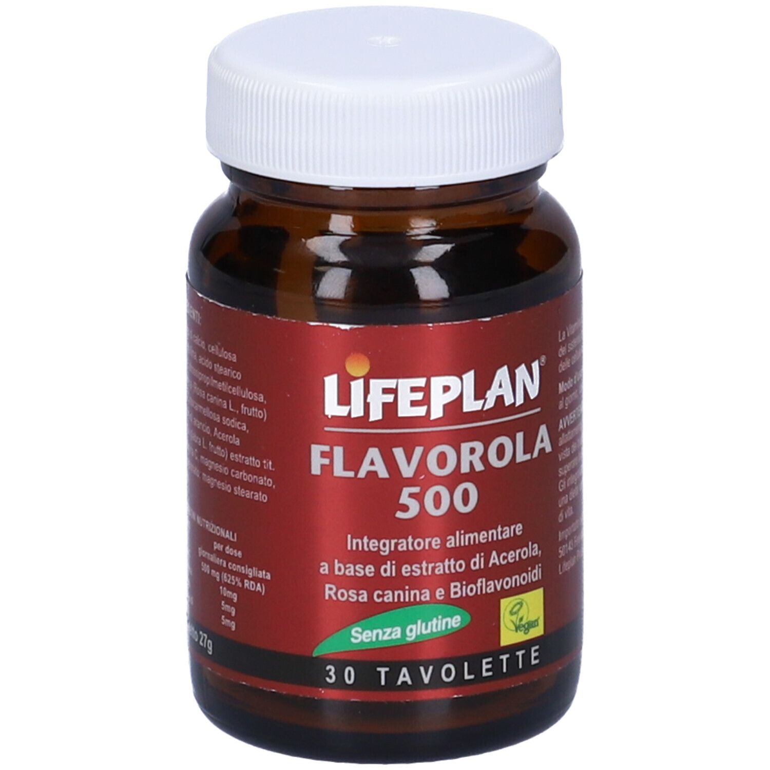 Flacone di vetro marrone con tappo bianco. Scritta LIFEPLAN Flavorola 500. 30 compresse. Sigillo vegano.