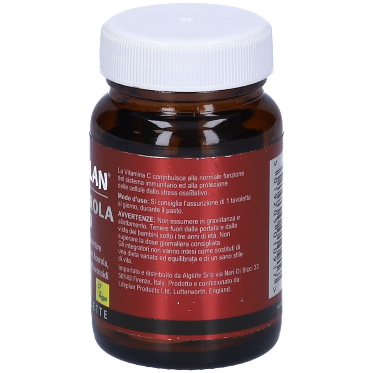 Flacone di vetro marrone con tappo bianco. Testo sull'uso e avvertenze. Sigillo vegano.