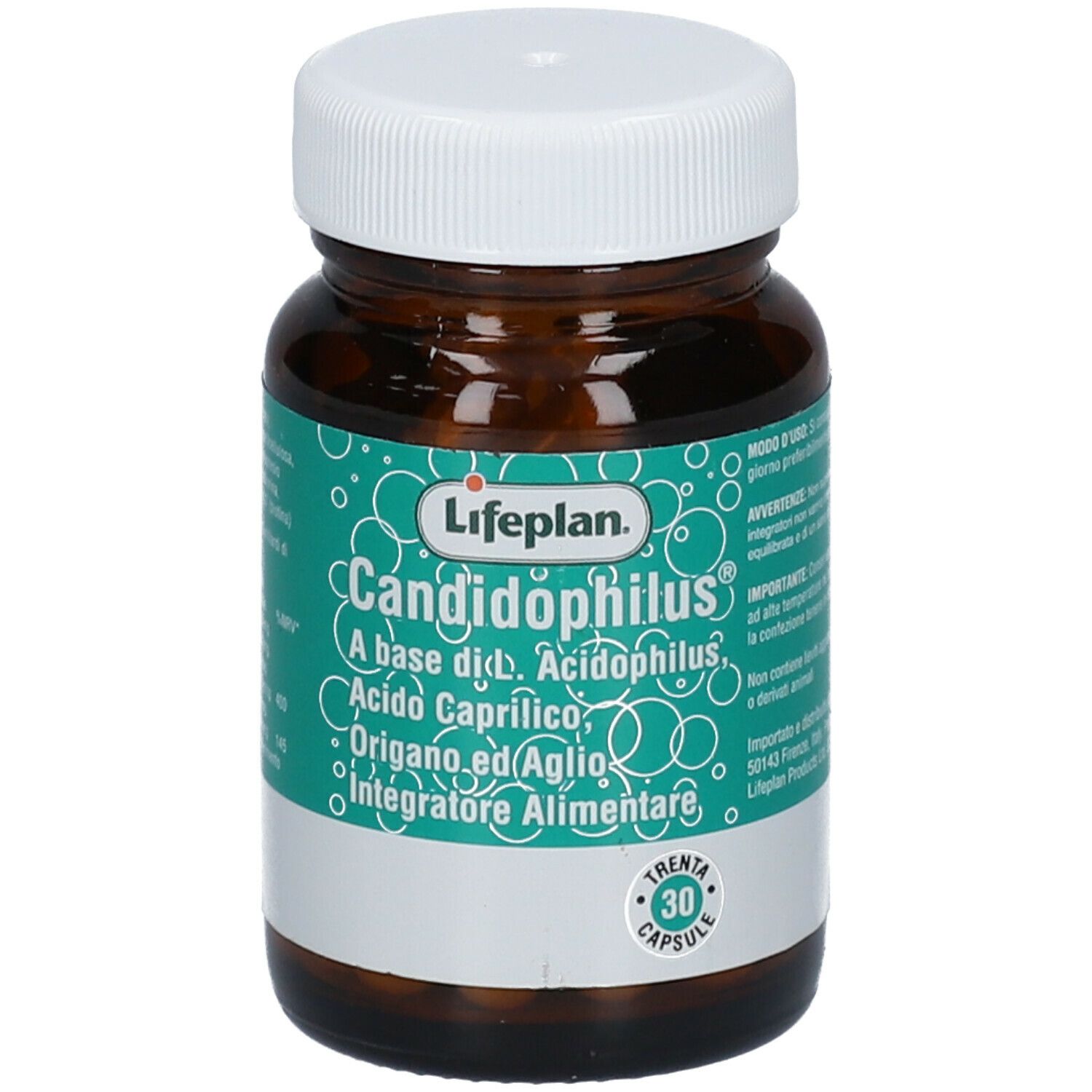 Flacone di vetro marrone con tappo bianco. Scritta: Lifeplan Candidophilus, 30 capsule. Etichetta verde e bianca.
