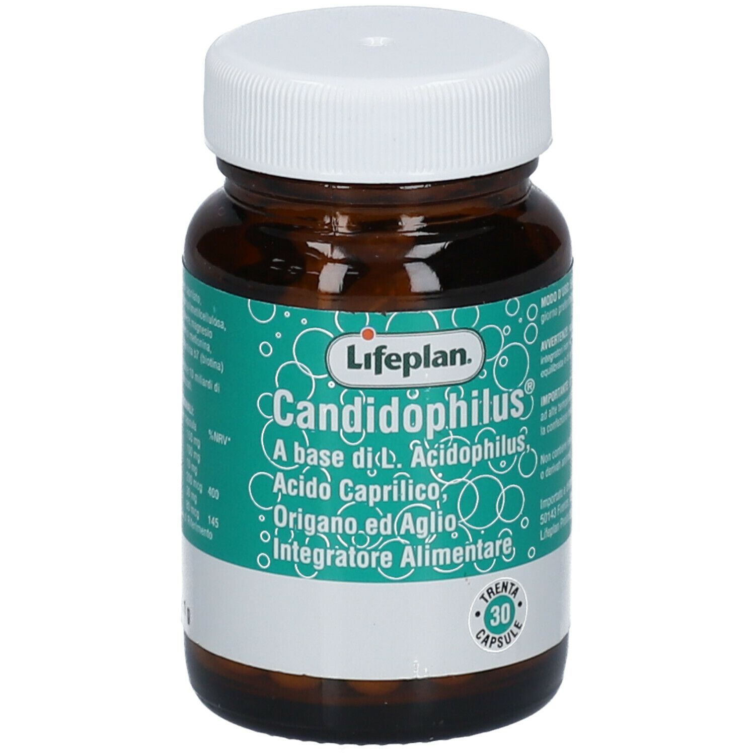 Flacone di vetro marrone con tappo bianco. Scritta: Lifeplan Candidophilus, 30 capsule. Etichetta verde e bianca.