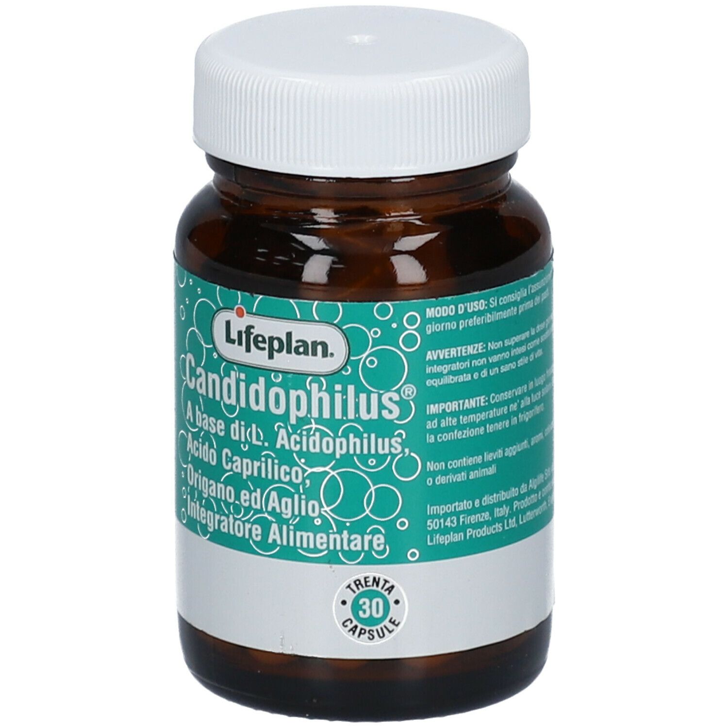 Flacone di vetro marrone con tappo bianco. Scritta: Lifeplan Candidophilus, 30 capsule. Etichetta verde e bianca.