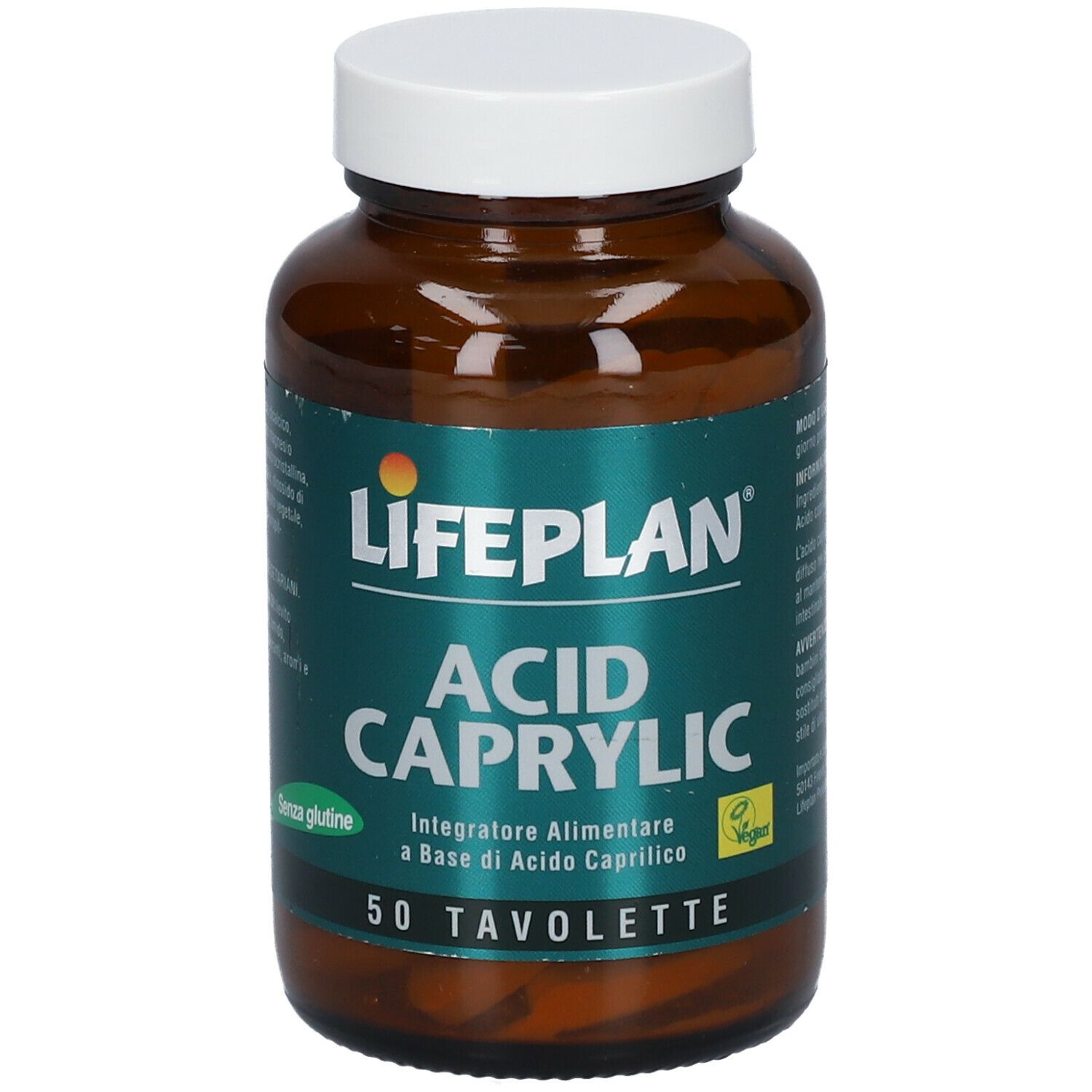 Flacone di vetro marrone con tappo bianco. Etichetta LIFEPLAN Acid Caprylic, 50 compresse. Senza glutine e vegano.