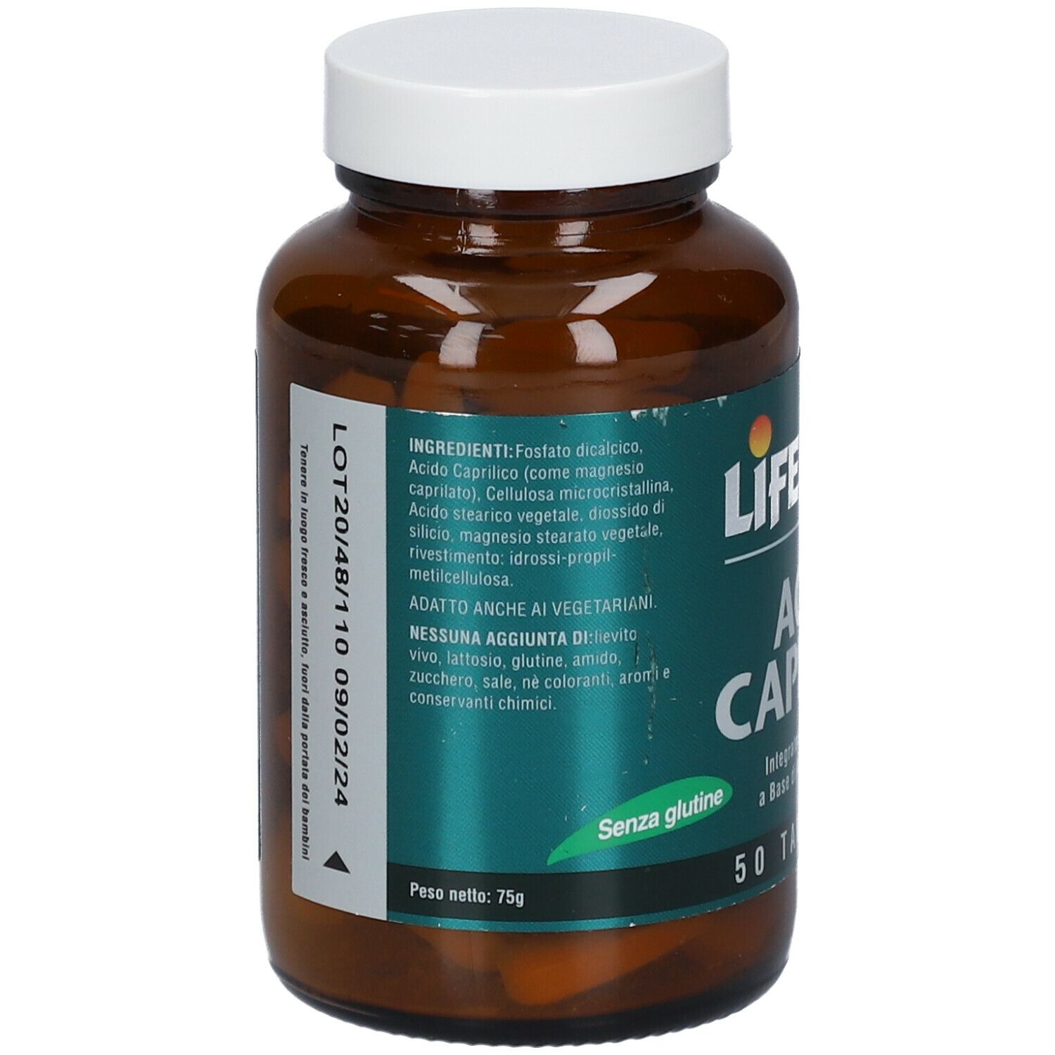 Retro del flacone. Elenco ingredienti, tra cui Acid Caprylic. 'Senza glutine' e 'Adatto anche ai vegetariani'. Peso 75g.