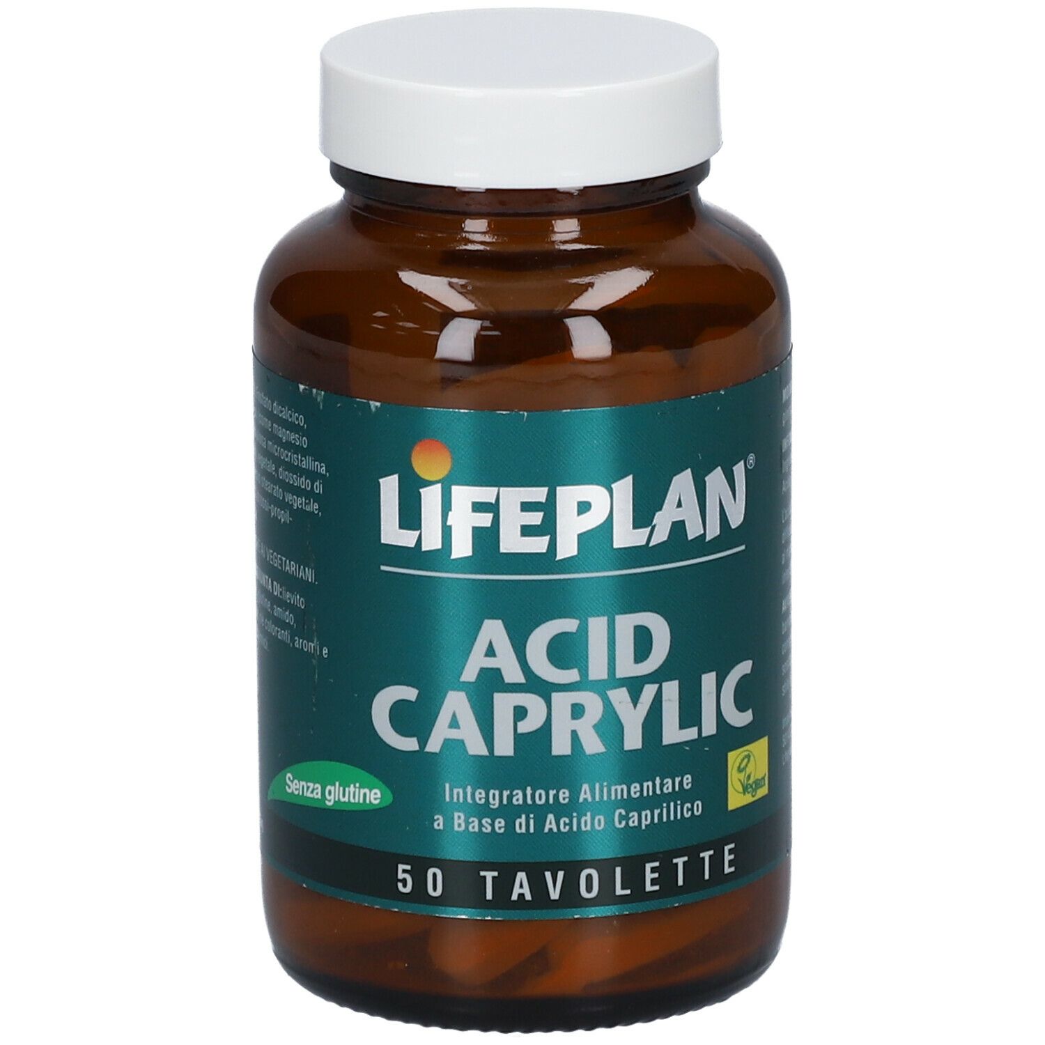 Flacone di vetro marrone con tappo bianco. Etichetta LIFEPLAN Acid Caprylic, 50 compresse. Senza glutine e vegano.