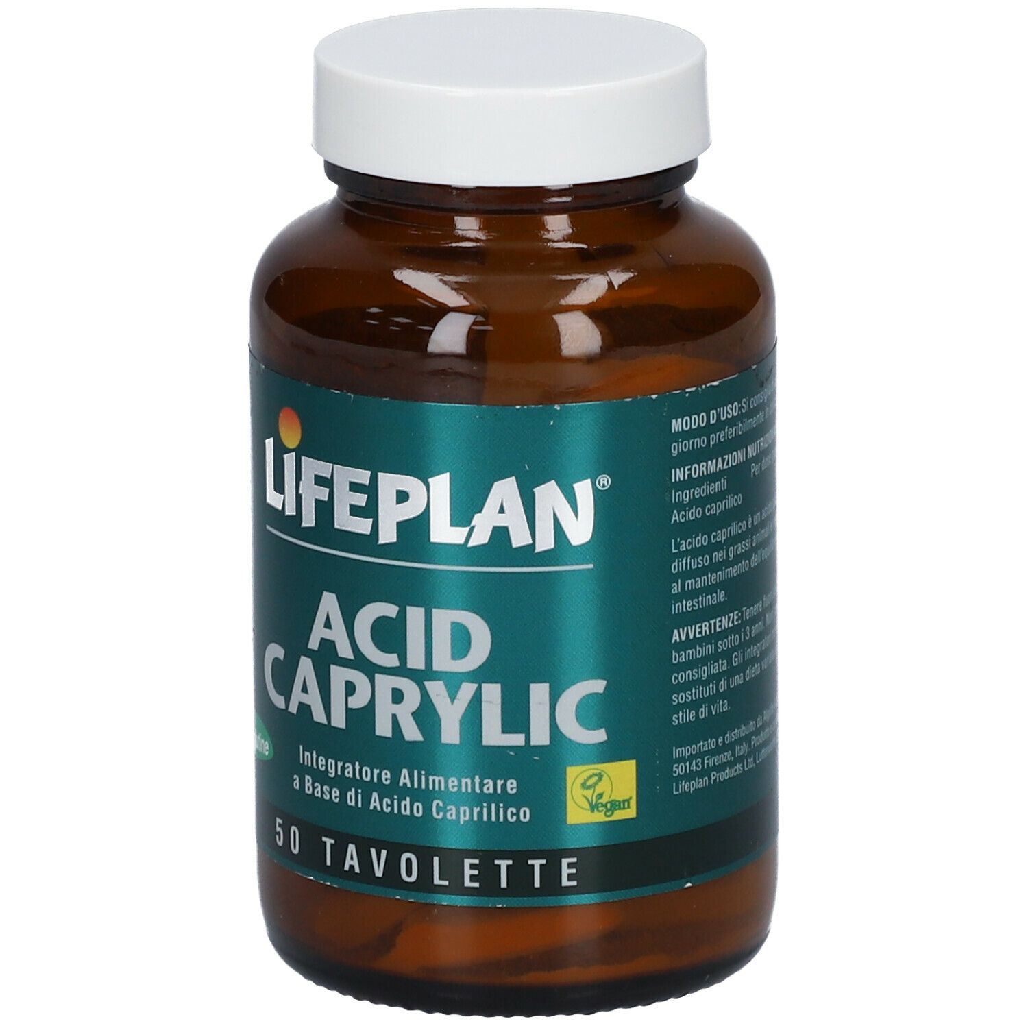 Flacone di vetro marrone con tappo bianco. Etichetta LIFEPLAN Acid Caprylic, 50 compresse. Senza glutine e vegano.