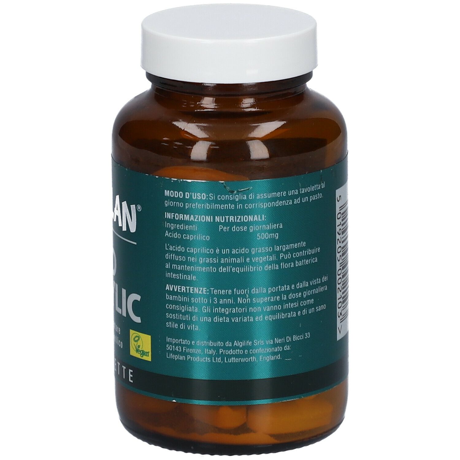Flacone di vetro marrone con tappo bianco. Etichetta LIFEPLAN Acid Caprylic, 50 compresse. Senza glutine e vegano.