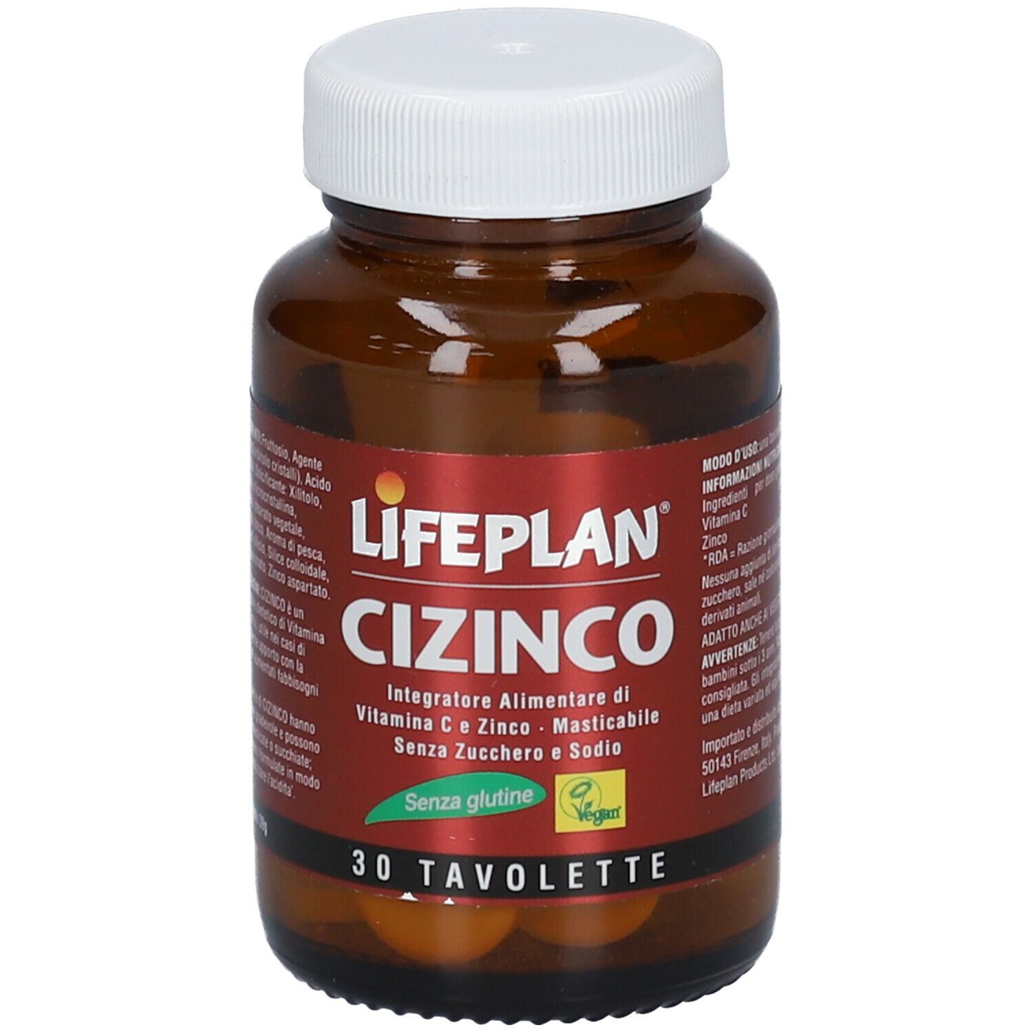 Flacone di vetro marrone con tappo bianco. Etichetta LIFEPLAN Cizinco, 30 compresse, senza glutine e vegano.