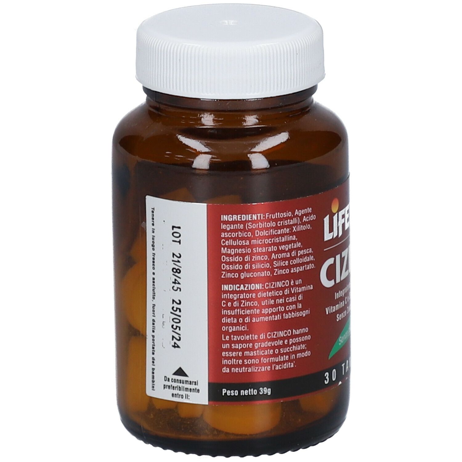 Flacone di vetro marrone con tappo bianco. Retro con elenco ingredienti e data di scadenza. LIFEPLAN Cizinco, 30 compresse.