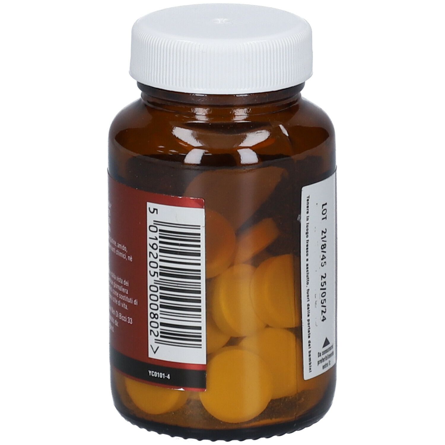 Flacone di vetro marrone con tappo bianco. Retro con codice a barre e informazioni. LIFEPLAN Cizinco, 30 compresse.