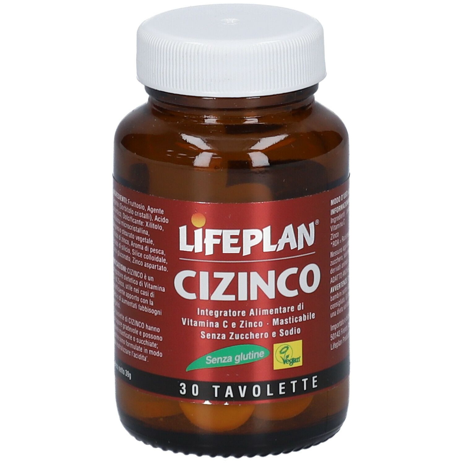 Flacone di vetro marrone con tappo bianco. Etichetta LIFEPLAN Cizinco, 30 compresse, senza glutine e vegano.