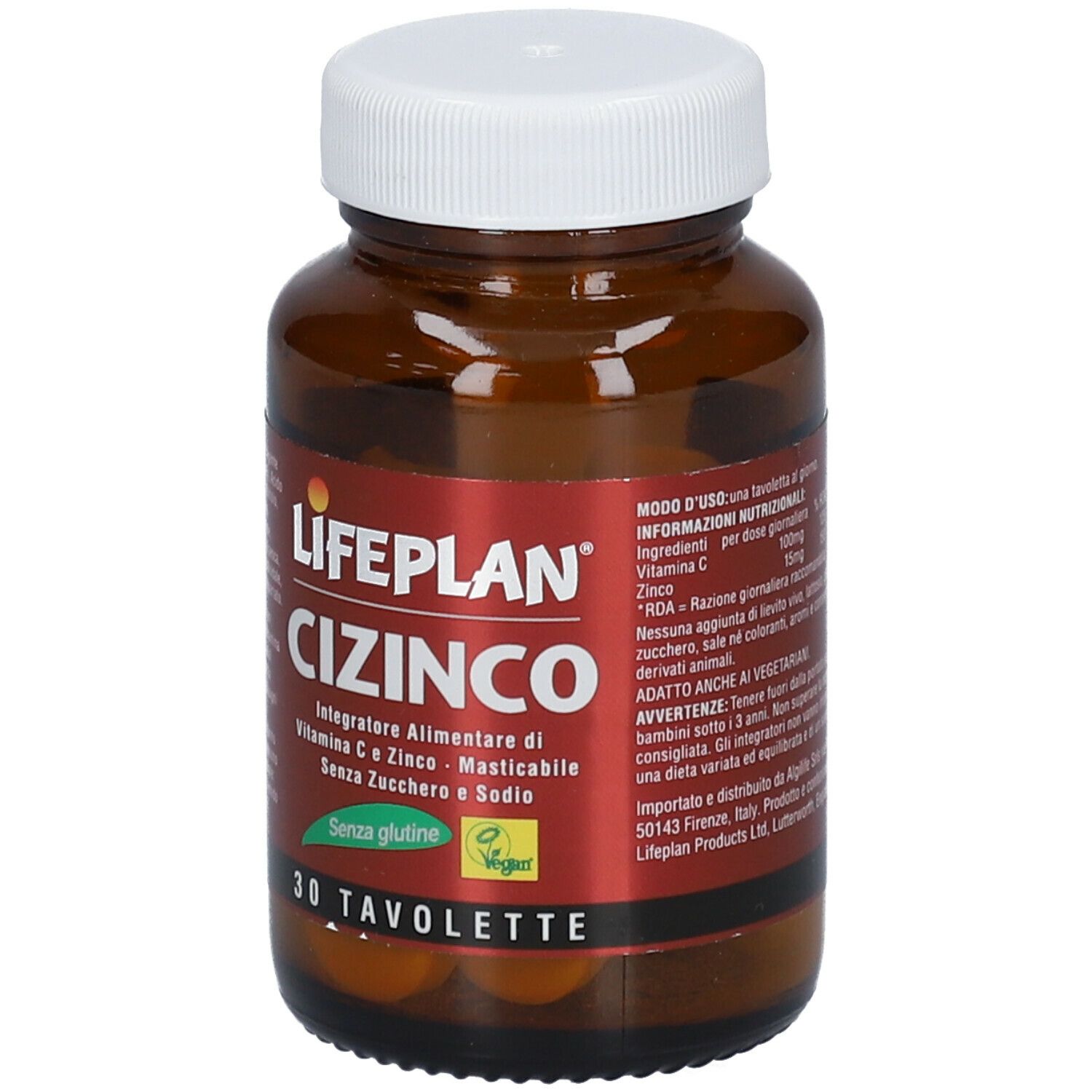 Flacone di vetro marrone con tappo bianco. Etichetta LIFEPLAN Cizinco, 30 compresse, senza glutine e vegano.
