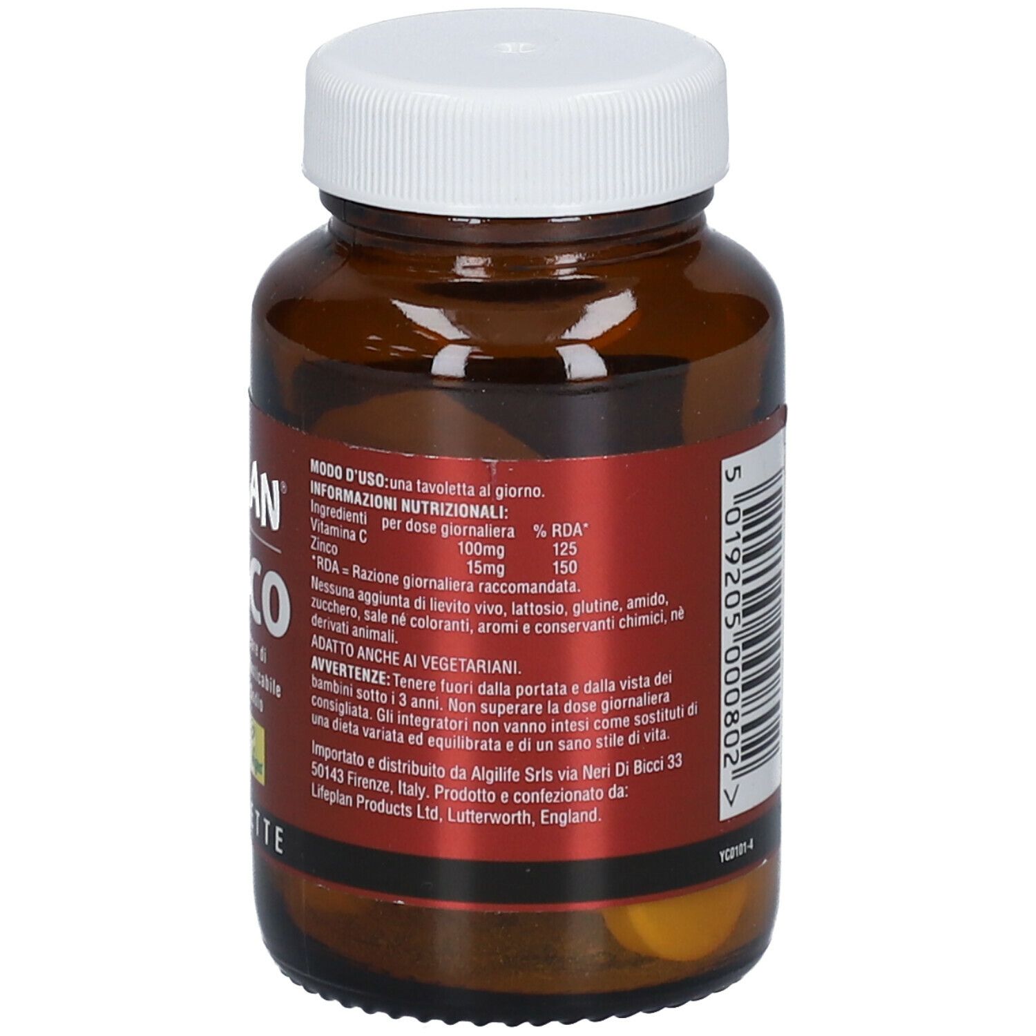 Flacone di vetro marrone con tappo bianco. Retro con informazioni nutrizionali e avvertenze. LIFEPLAN Cizinco, 30 compresse.