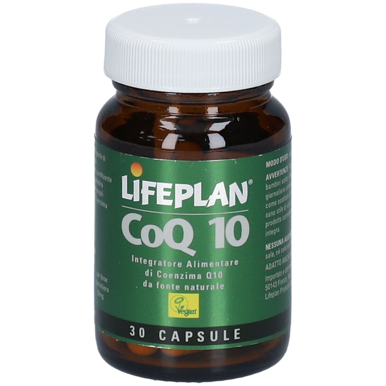 Flacone di vetro marrone, tappo bianco. Scritta: LIFEPLAN CoQ 10, 30 capsule. Sigillo vegano.