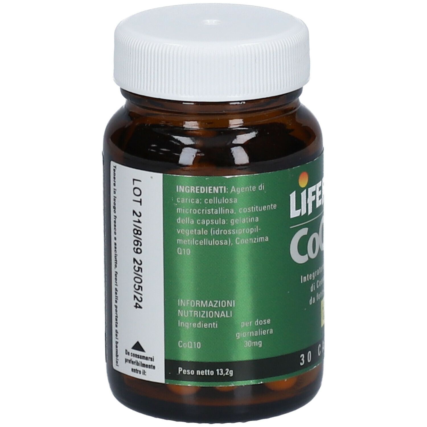 Flacone di vetro marrone, tappo bianco. Scritta: LIFEPLAN CoQ 10, 30 capsule. Elenco ingredienti.