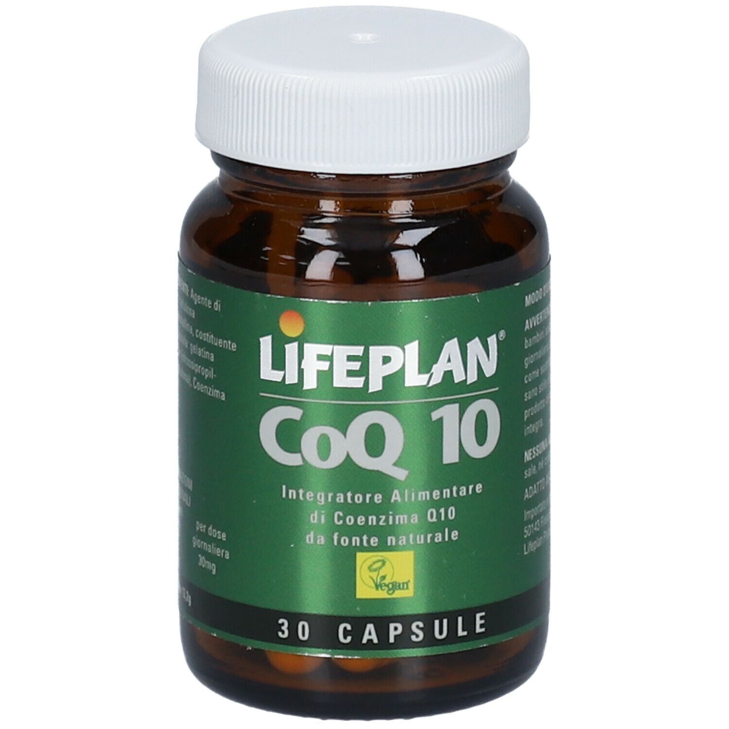Flacone di vetro marrone, tappo bianco. Scritta: LIFEPLAN CoQ 10, 30 capsule. Sigillo vegano.