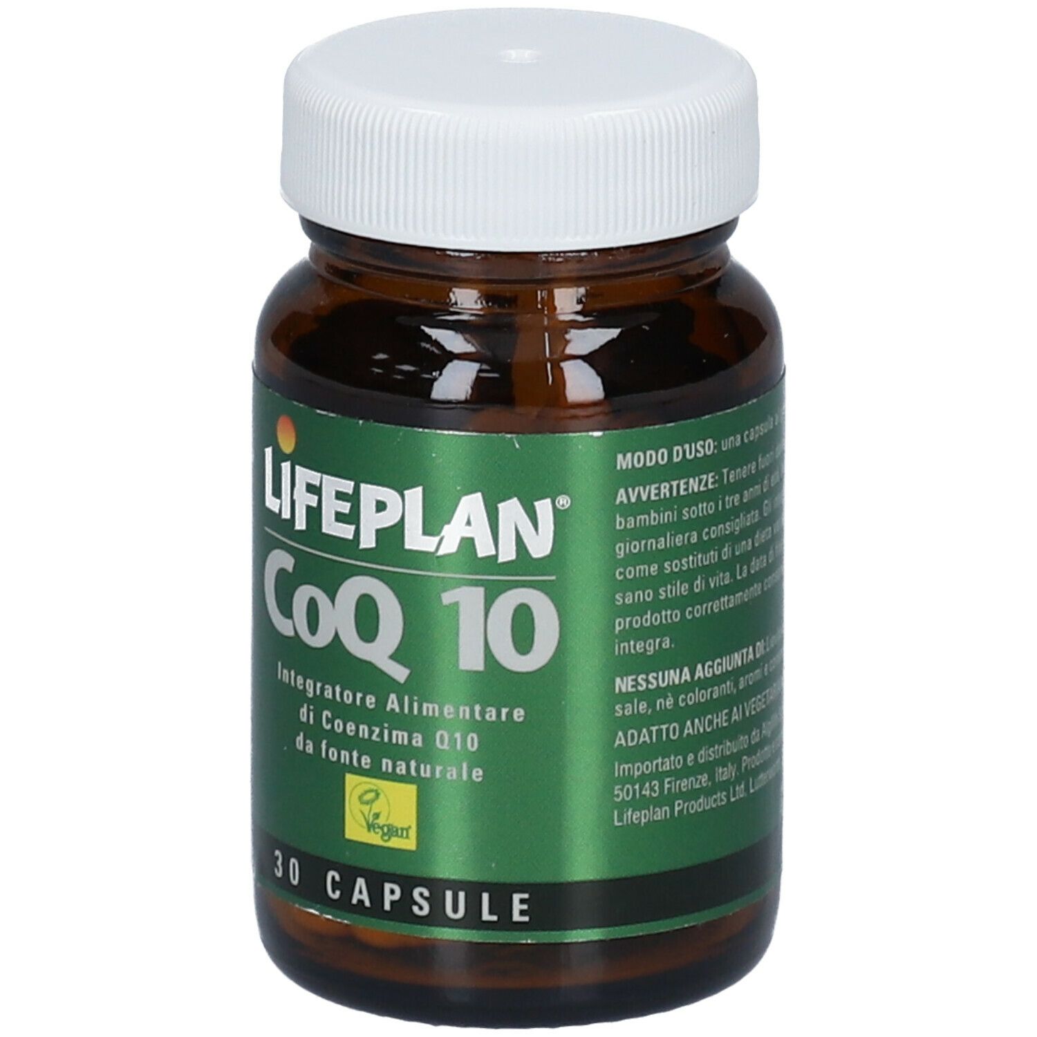 Flacone di vetro marrone, tappo bianco. Scritta: LIFEPLAN CoQ 10, 30 capsule. Sigillo vegano.
