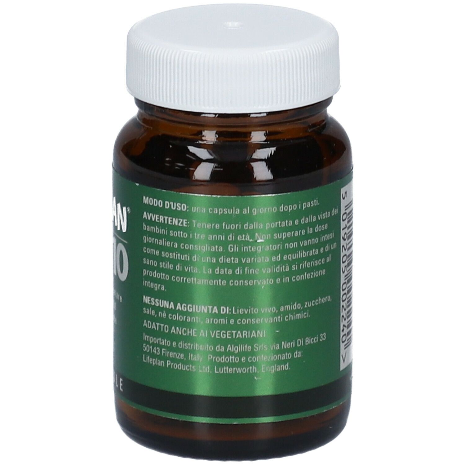 Flacone di vetro marrone, tappo bianco. Scritta: LIFEPLAN CoQ 10, 30 capsule. Sigillo vegano.