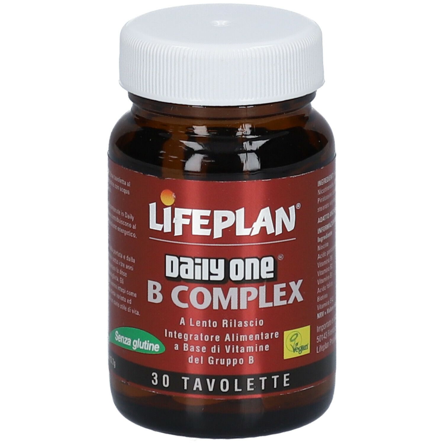 Flacone di vetro marrone con tappo bianco. Etichetta LIFEPLAN Daily One B COMPLEX, 30 compresse. Sigillo vegano.