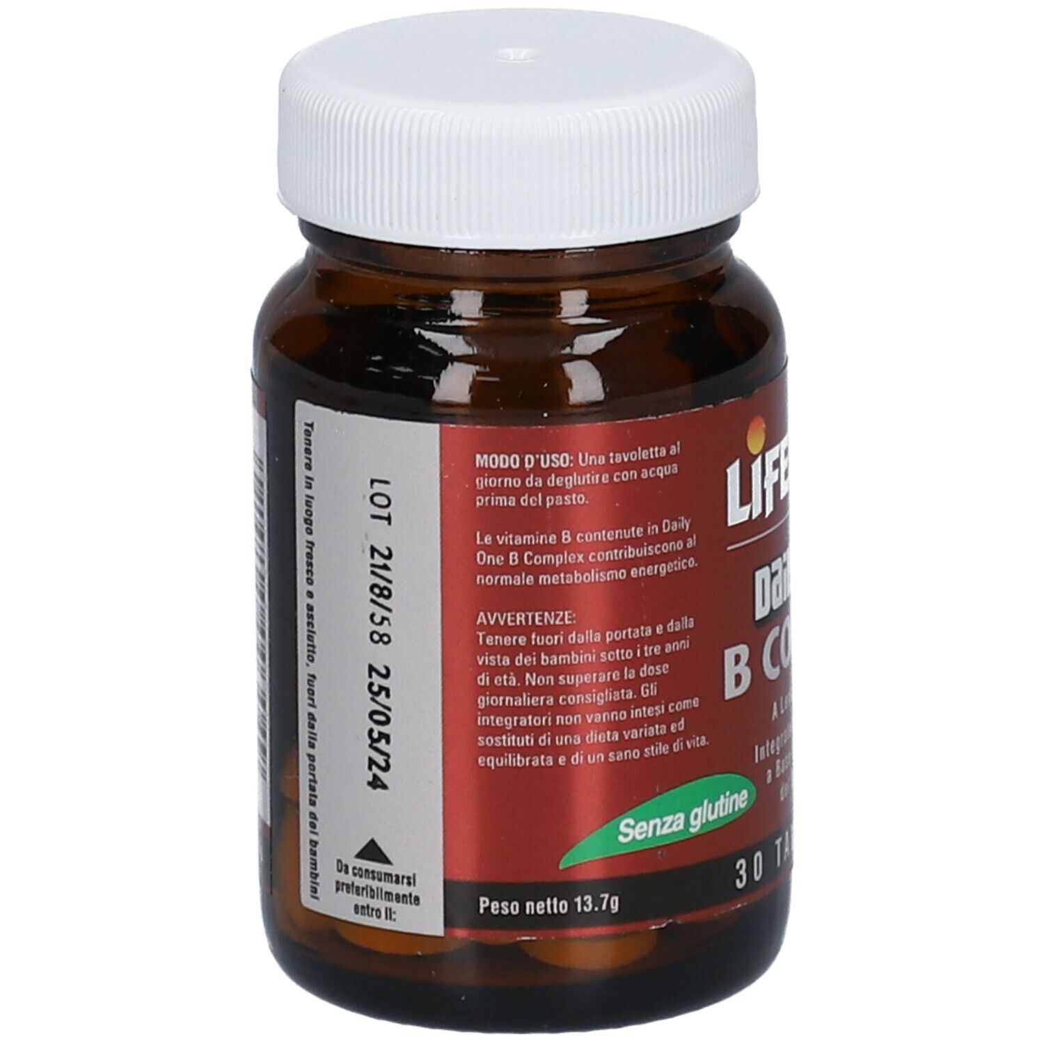Flacone di vetro marrone con tappo bianco. Etichetta LIFEPLAN Daily One B COMPLEX. Testo: 'Senza glutine'.