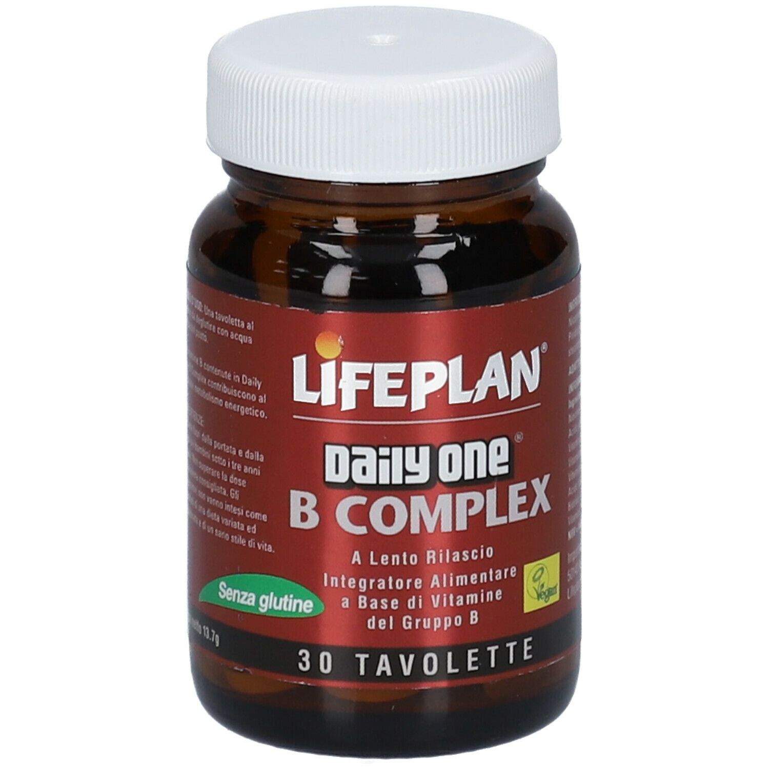 Flacone di vetro marrone con tappo bianco. Etichetta LIFEPLAN Daily One B COMPLEX, 30 compresse. Sigillo vegano.