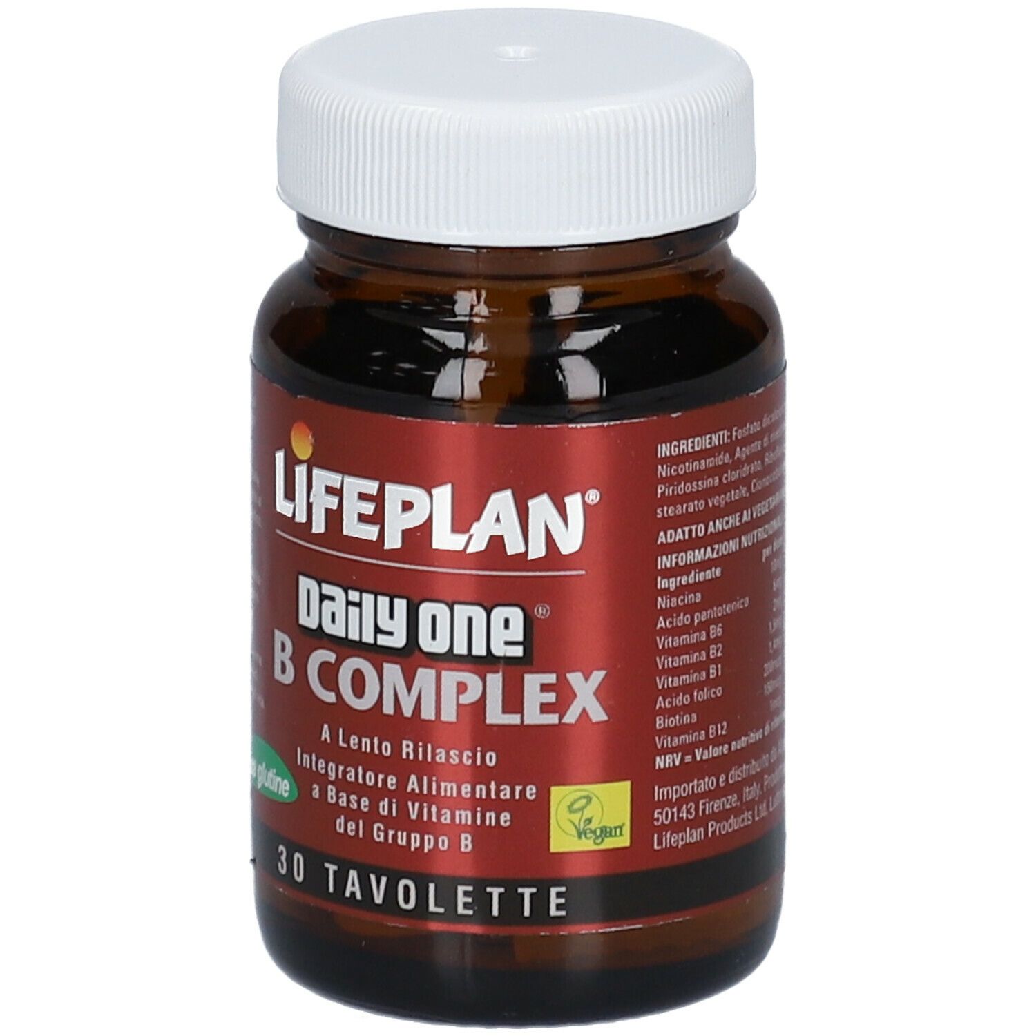 Flacone di vetro marrone con tappo bianco. Etichetta LIFEPLAN Daily One B COMPLEX, 30 compresse. Sigillo vegano.