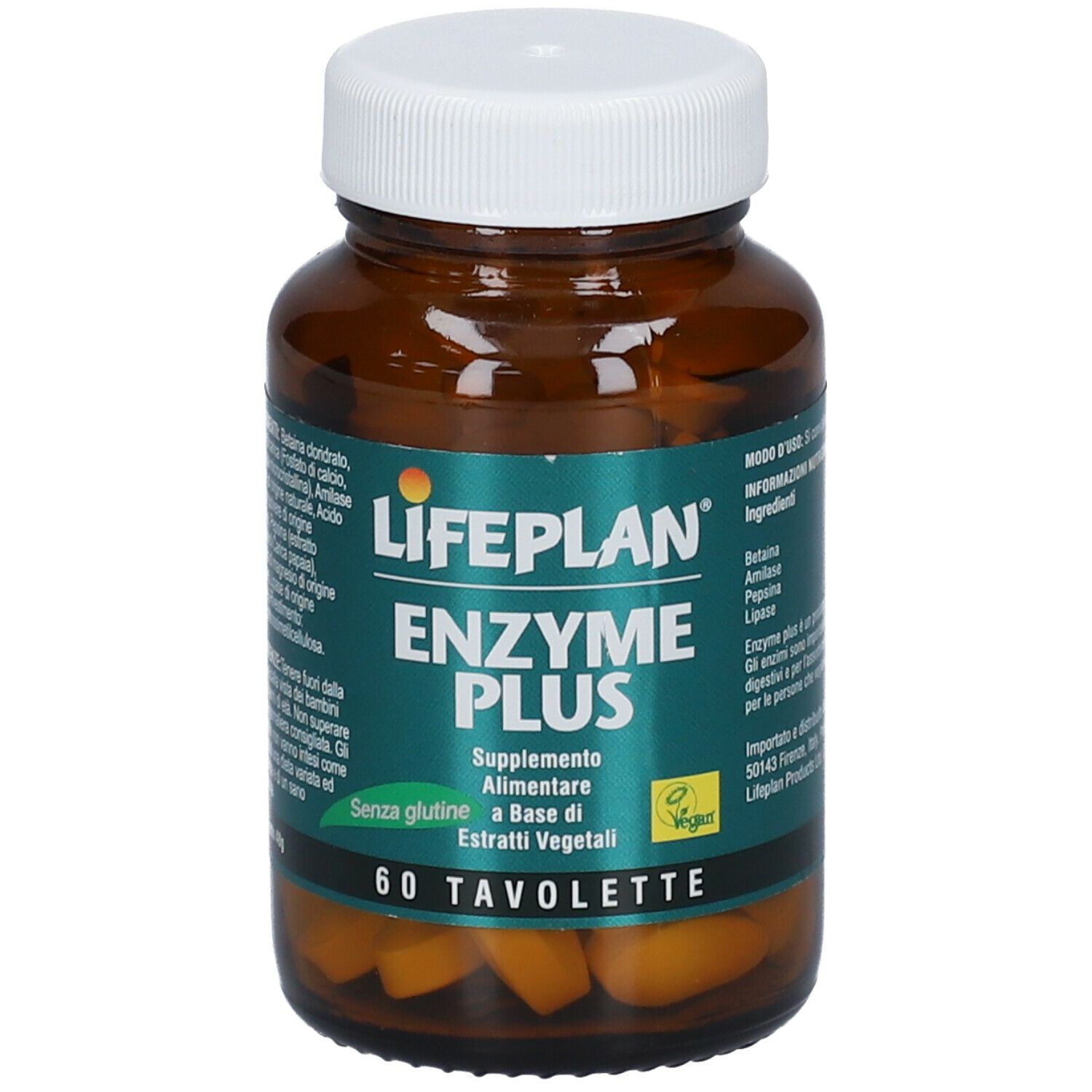 Flacone di compresse marrone con tappo bianco. Etichetta LIFEPLAN® Enzyme Plus, 60 compresse. Sigillo vegano.